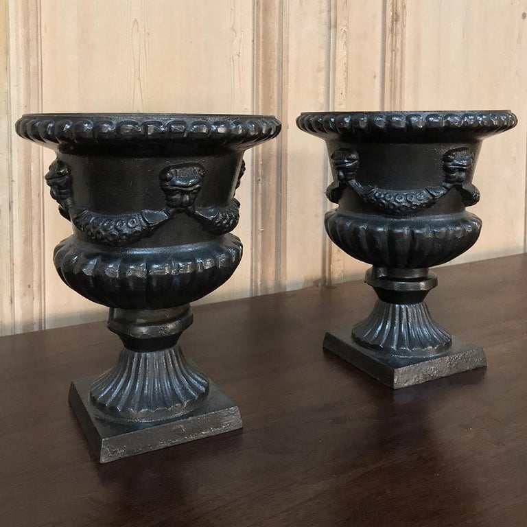 Garden Urns, Pair 19th Century Neoclassical in Cast Iron For Sale at