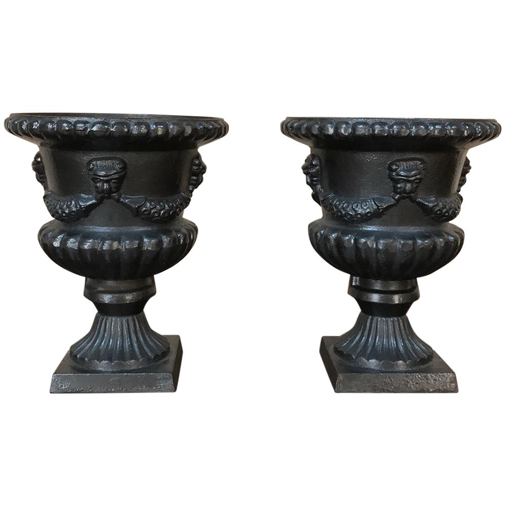 Garden Urns, Pair 19th Century Neoclassical in Cast Iron
