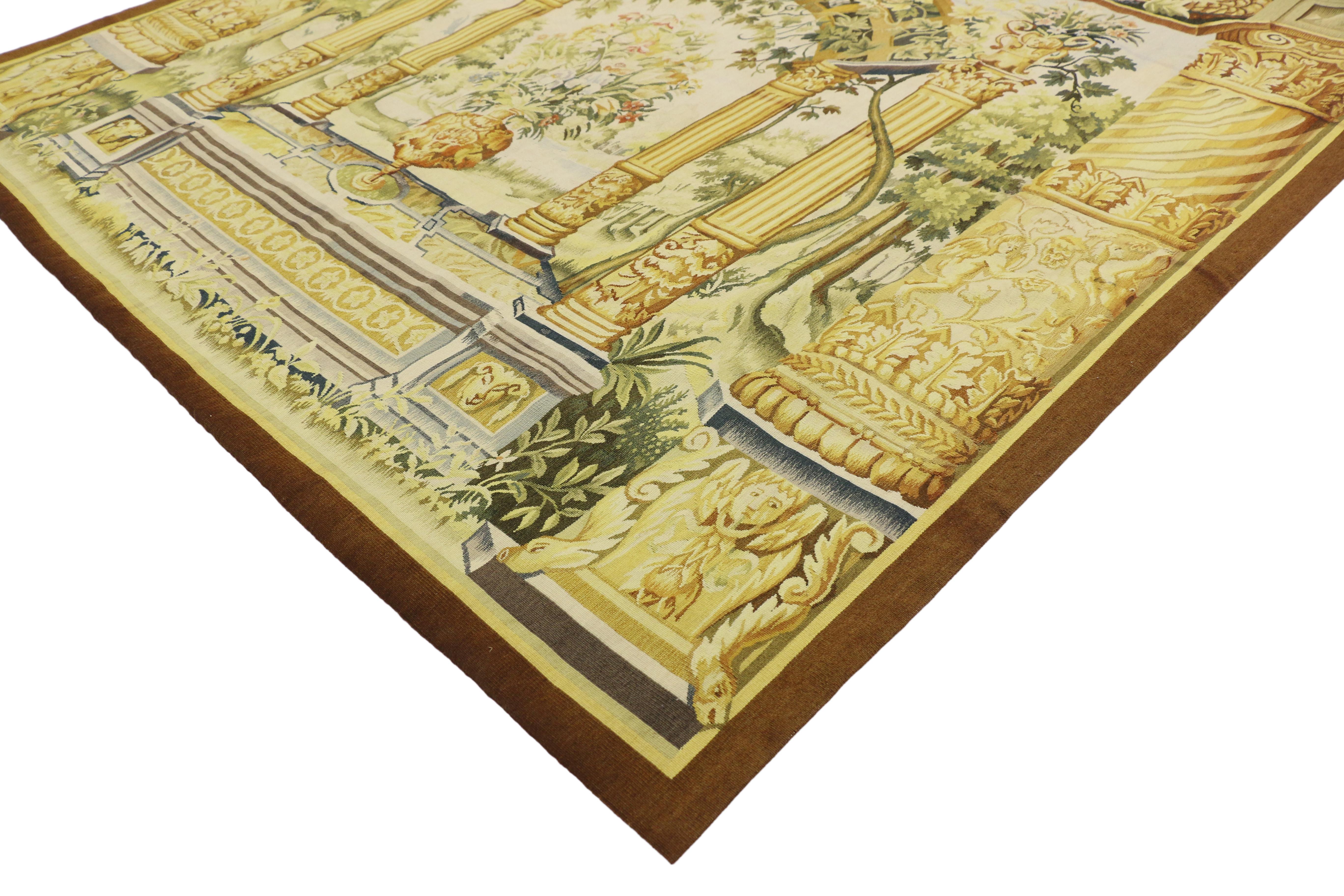 73698 Garden View Tapestry, Inspired by Jacob Wauters, Flemish Tapestry of a Pergola, Verdure Wall Hanging 05'03 x 05'07. Drawing inspiration from Jacob Wauters, the Manufacture of Antwerp, and Galleries and Garden Views, this garden tapestry