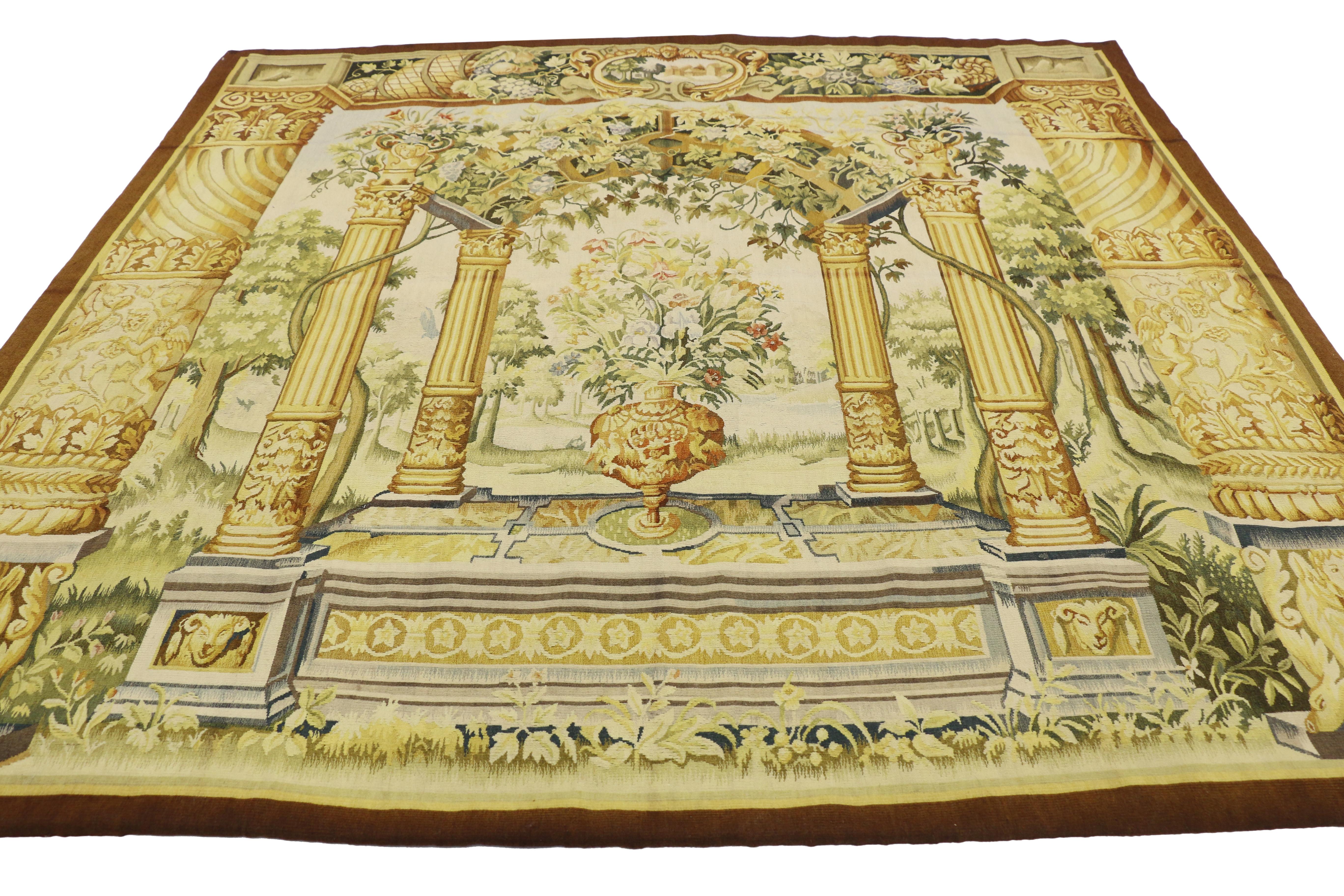 Aubusson Garden View Tapestry, Inspired by Jacob Wauters, Flemish Tapestry of a Pergola For Sale