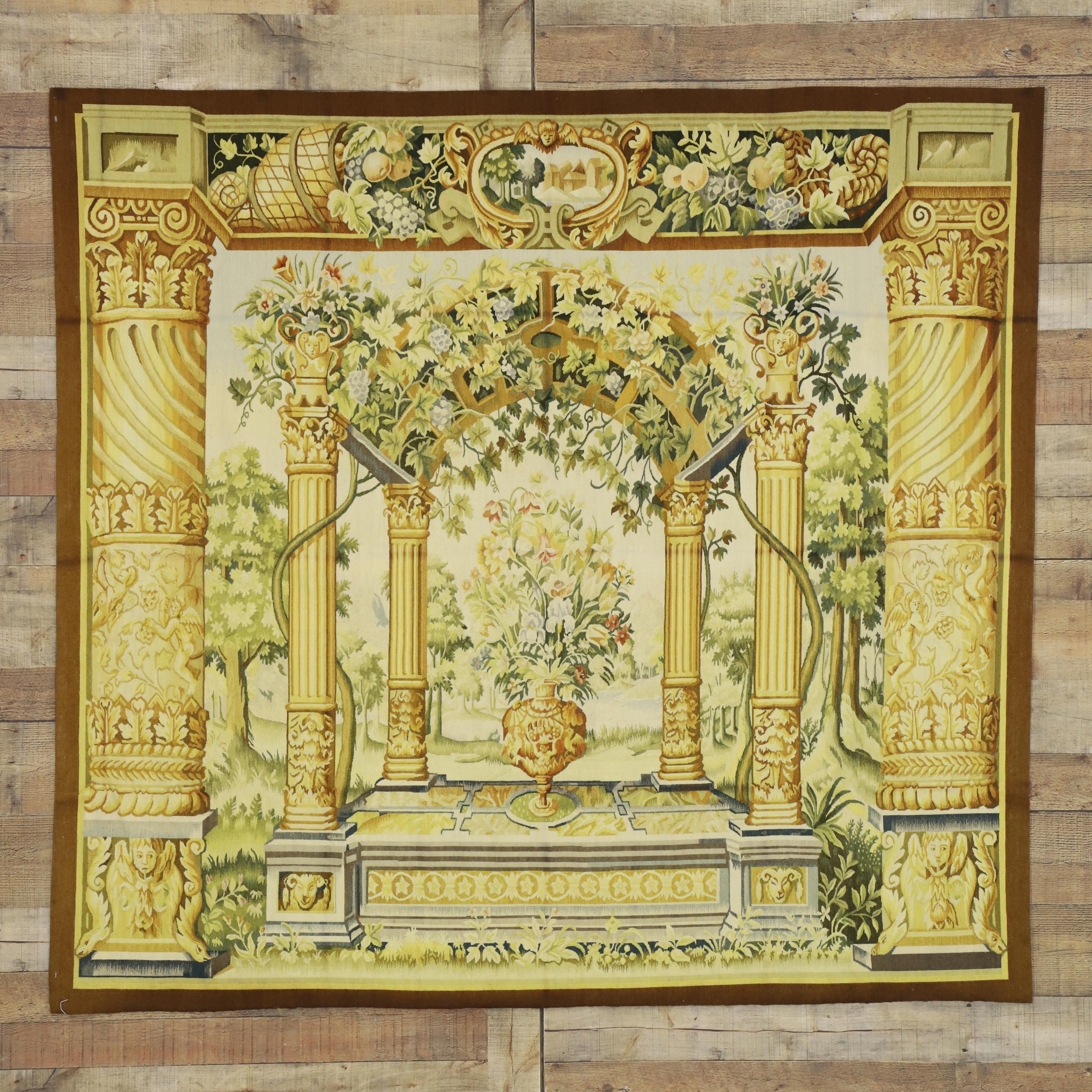Wool Garden View Tapestry, Inspired by Jacob Wauters, Flemish Tapestry of a Pergola For Sale