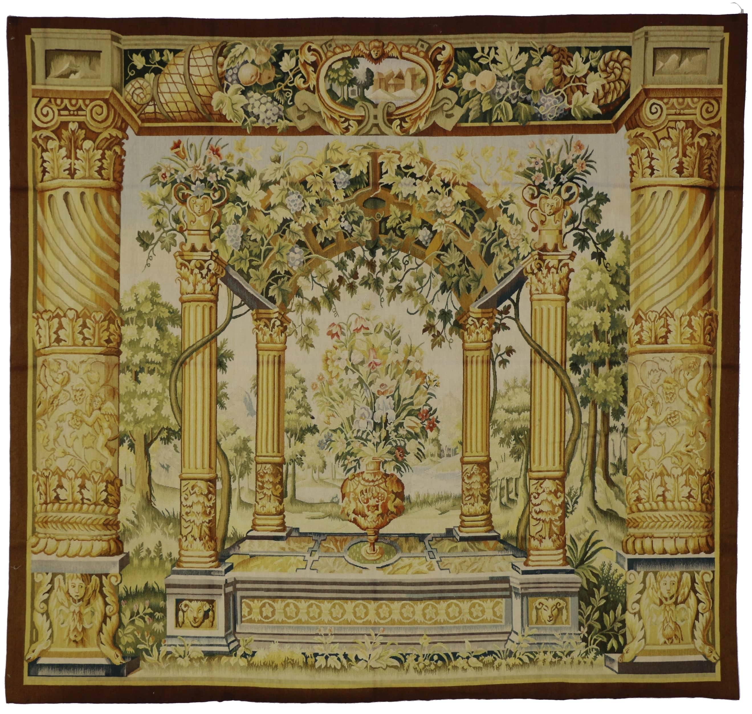 Garden View Tapestry, Inspired by Jacob Wauters, Flemish Tapestry of a Pergola For Sale 1