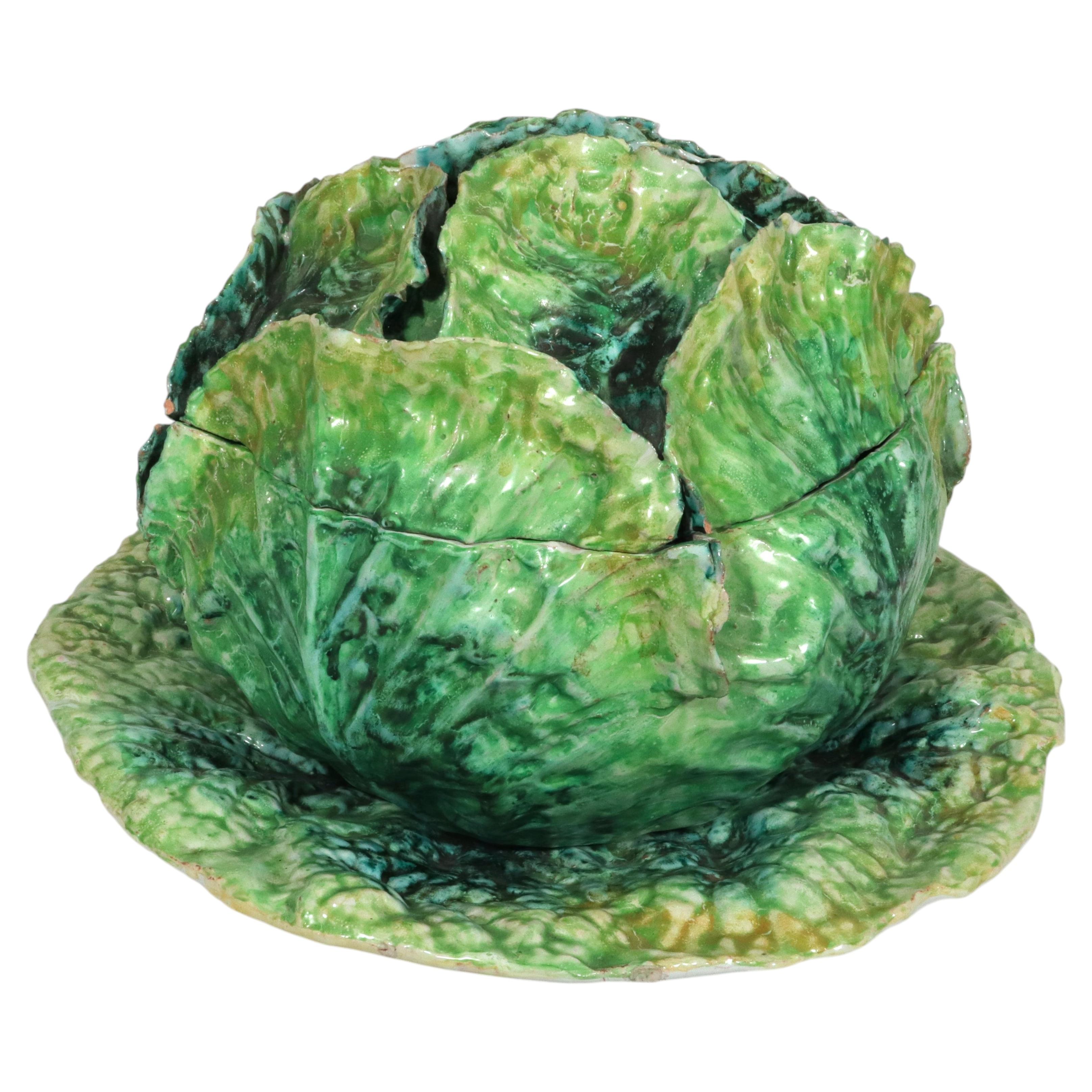 Garden Whimsy: Large Italian Ceramic Cabbage Tureen & Stand