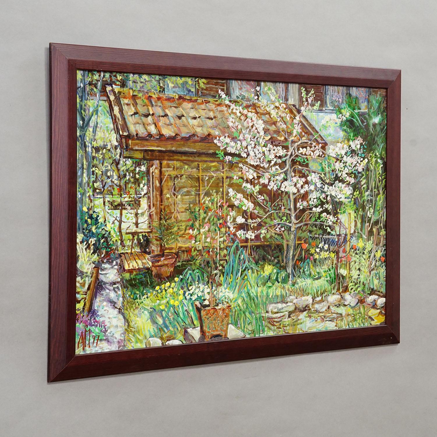 Garden with Blooming Apple Tree – Oil Painting by Alexander Michael, 1997

This oil painting from 1997 captures a tranquil spring garden scene centered around a blooming apple tree. Its delicate white and pale pink blossoms stretch across a lush