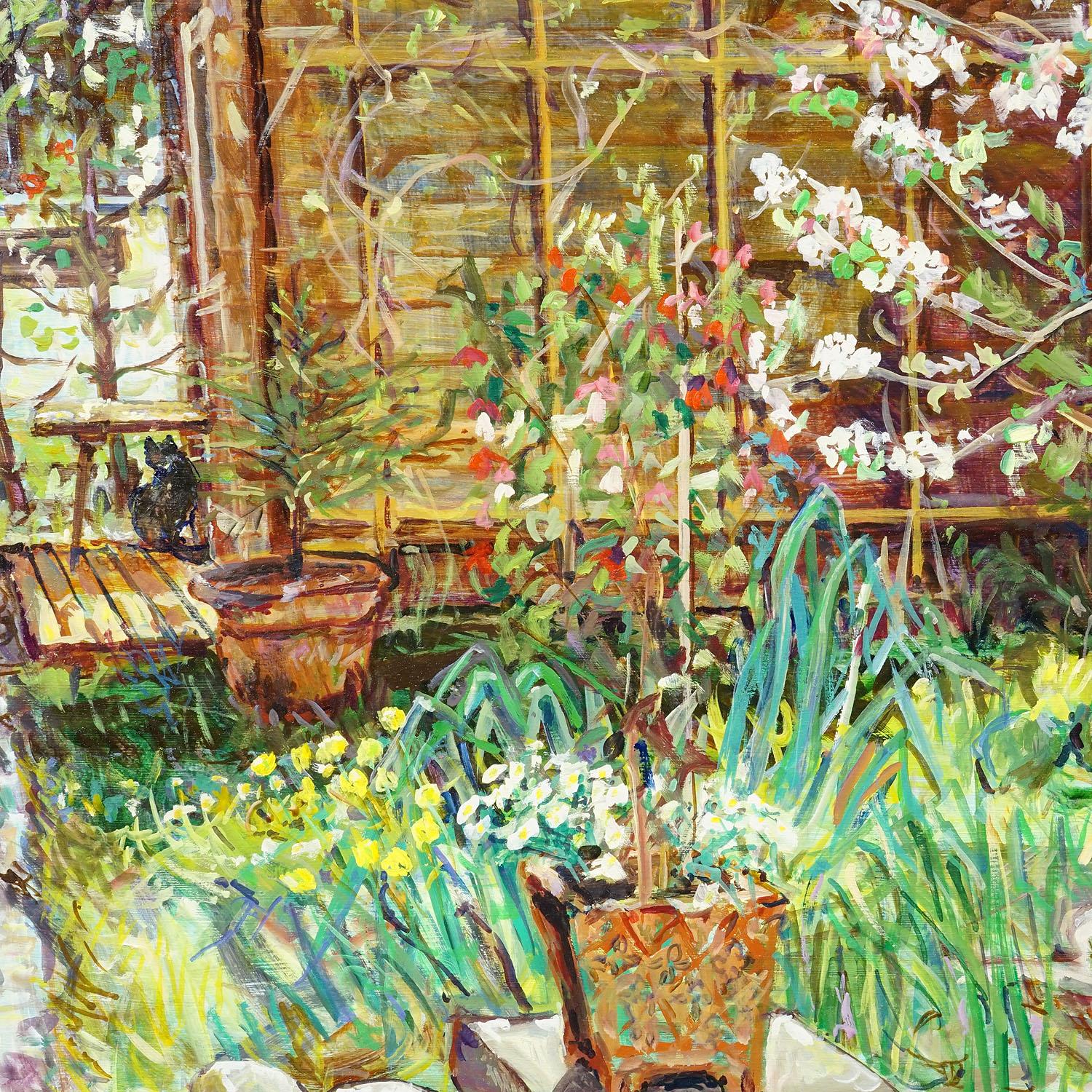 German Garden with Blooming Apple Tree – Oil Painting by Alexander Michael, 1997 For Sale