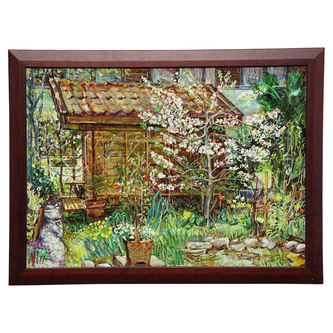Garden with Blooming Apple Tree – Oil Painting by Alexander Michael, 1997 For Sale