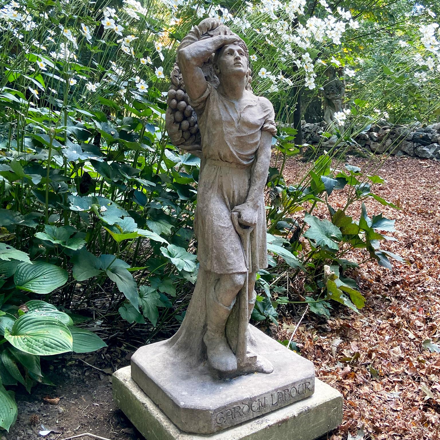 Arts and Crafts Garden Worker in English Stoneware with Shovel Carrying A Bag of Grapes For Sale