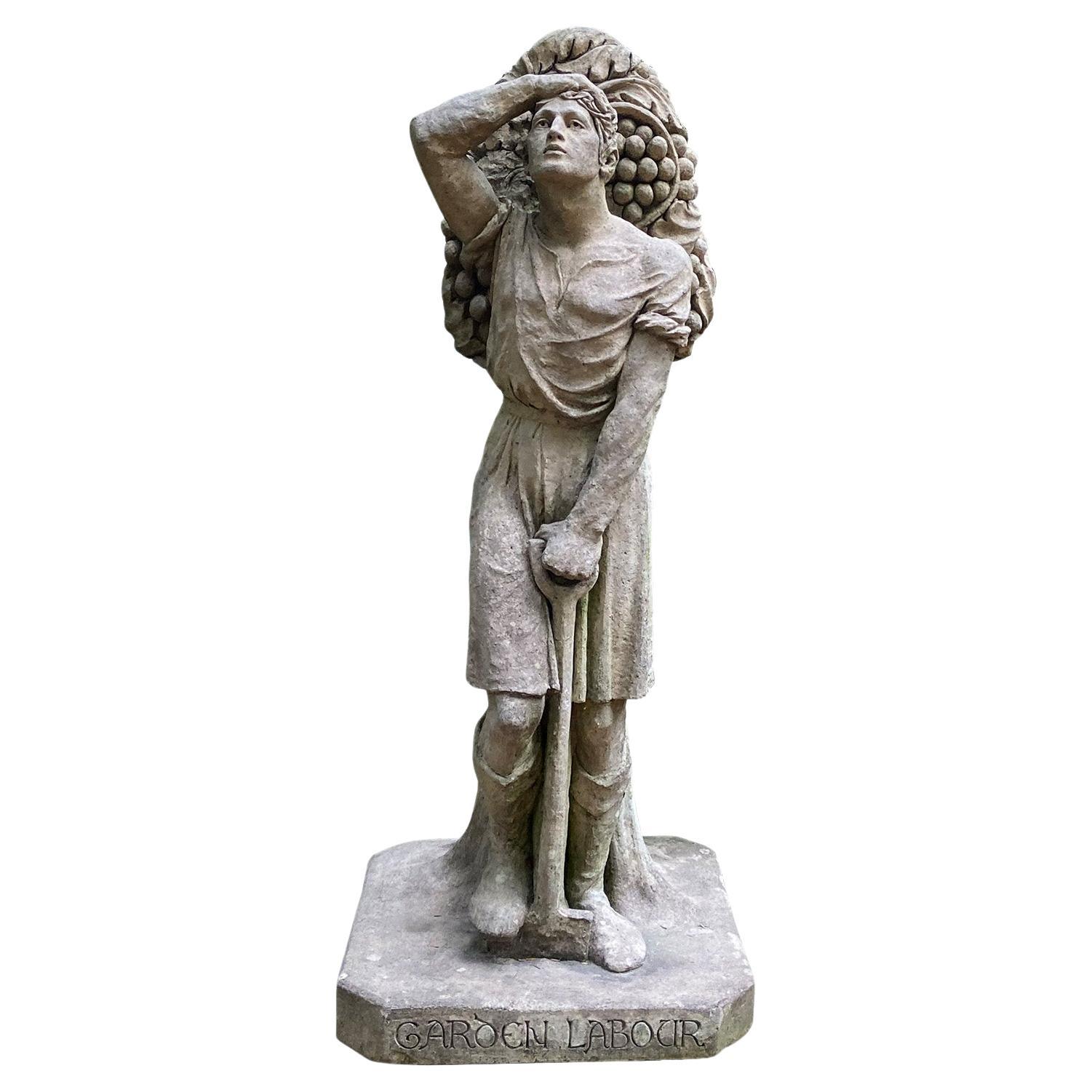 Garden Worker in English Stoneware with Shovel Carrying A Bag of Grapes For Sale