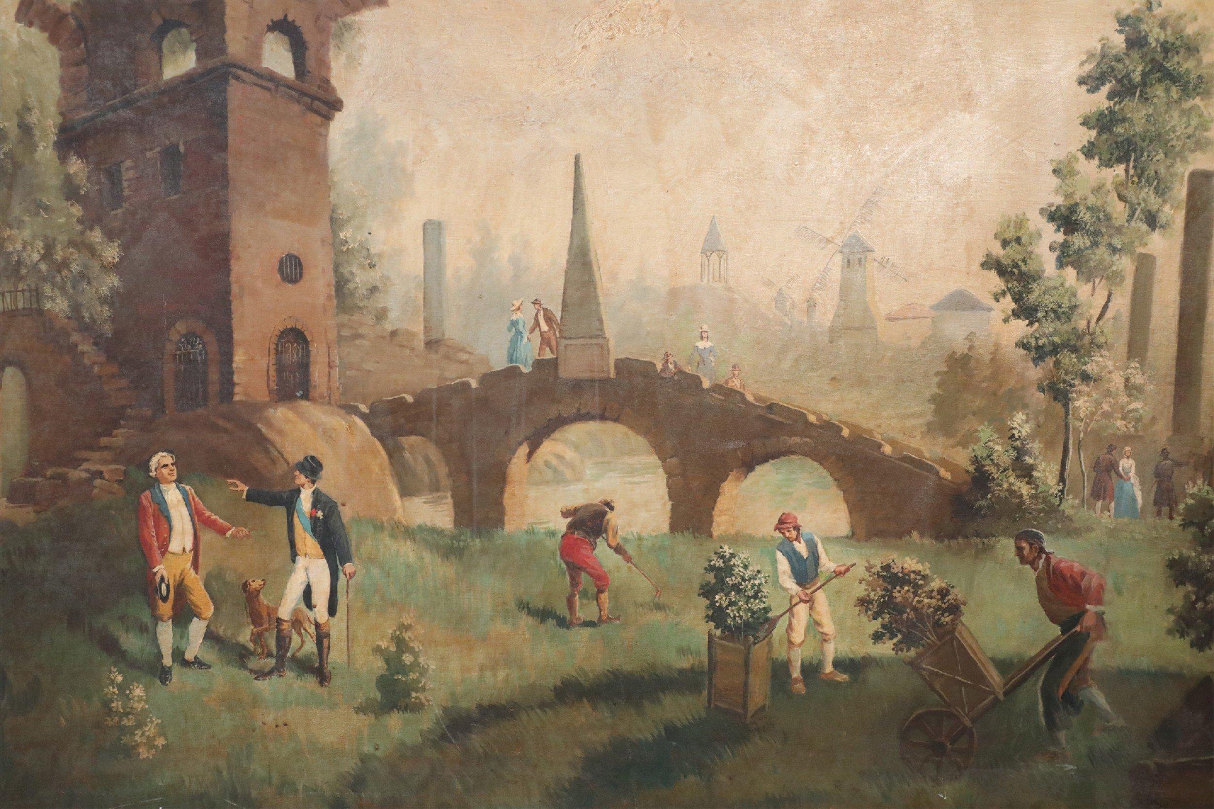 Vintage (20th Century) genre painting capturing figures working in a garden, where two noblemen are also conversing, at the foot of ruins and a stone bridge, while a windmill and buildings are seen in the distance. Painted in muted tones on