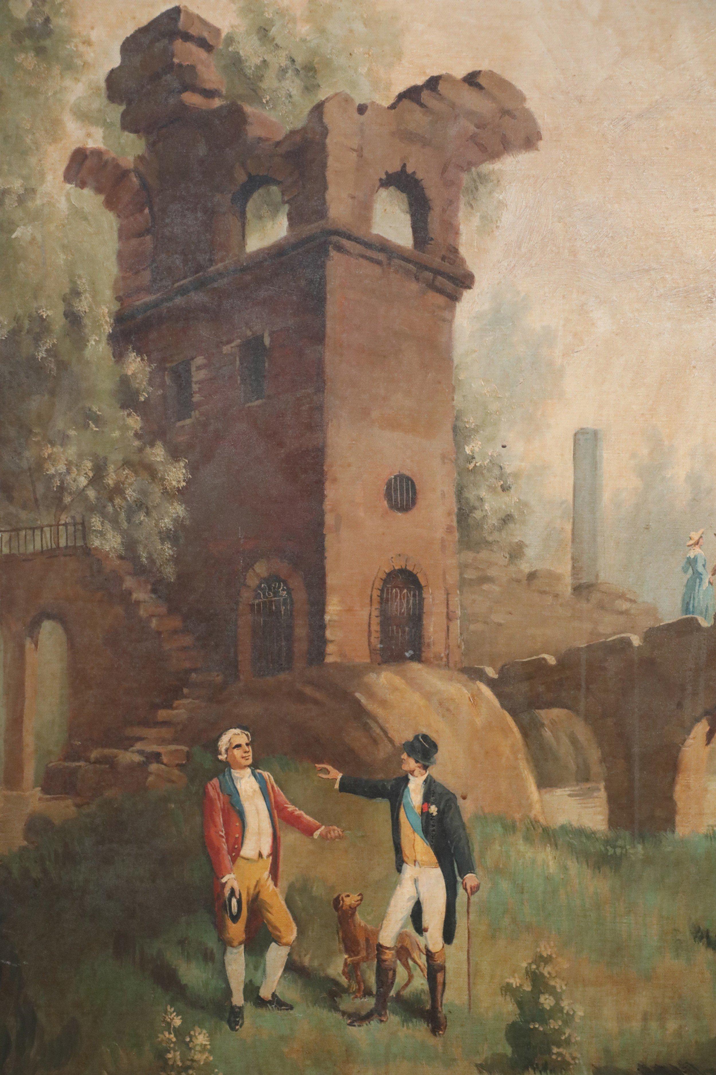 Vintage (20th Century) genre painting capturing figures working in a garden, where two noblemen are also conversing, at the foot of ruins and a stone bridge, while a windmill and buildings are seen in the distance. Painted in muted tones on