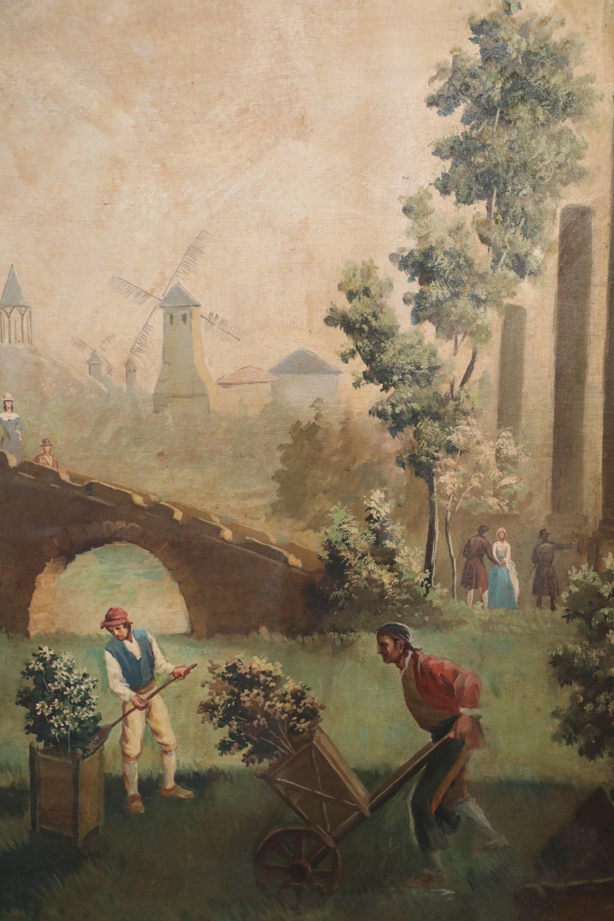 Jardineros entre las ruinas Pintura al óleo sobre lienzo Aceitado en venta
