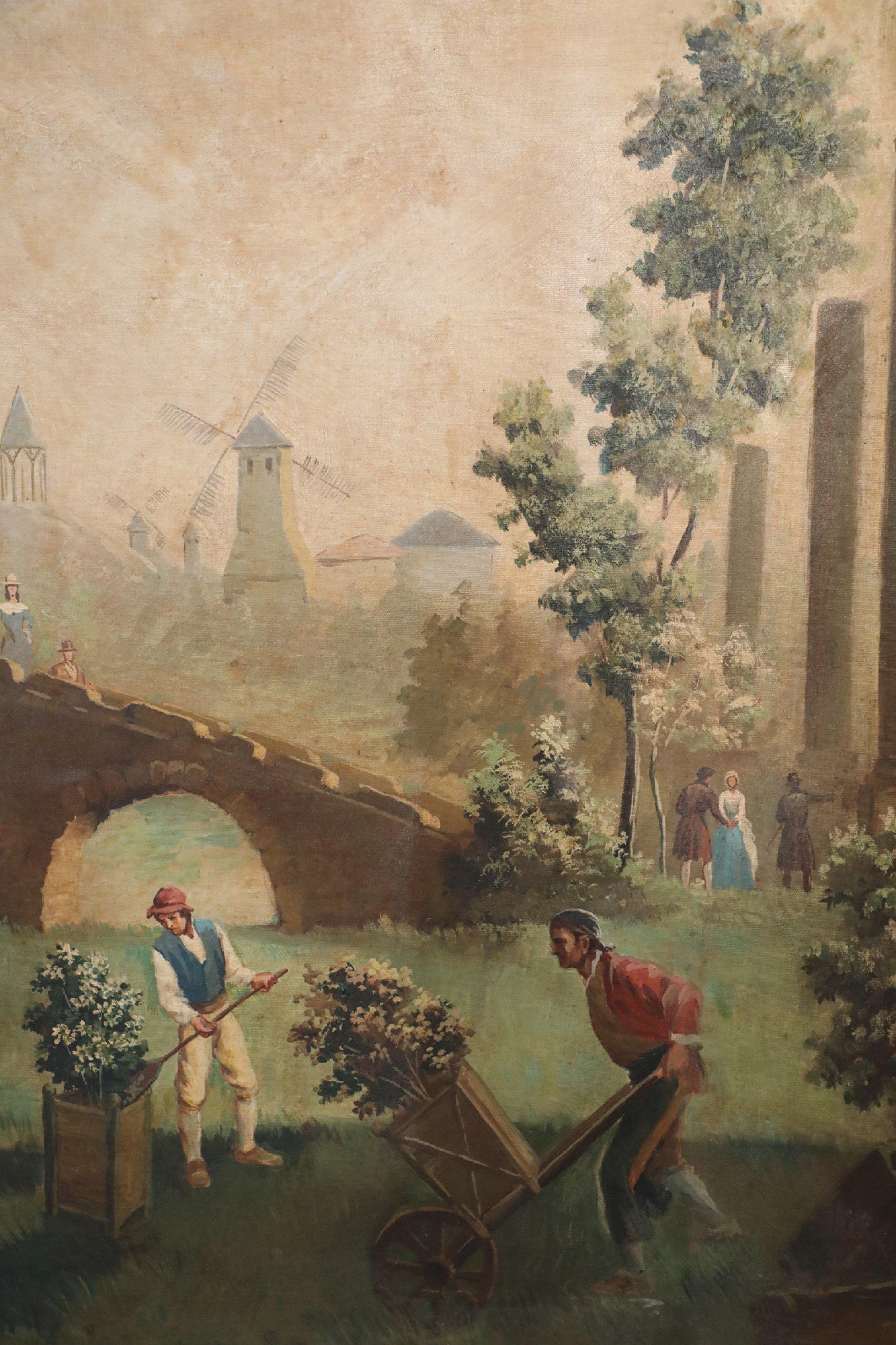 Oiled Gardeners Among the Ruins Oil Painting on Canvas For Sale