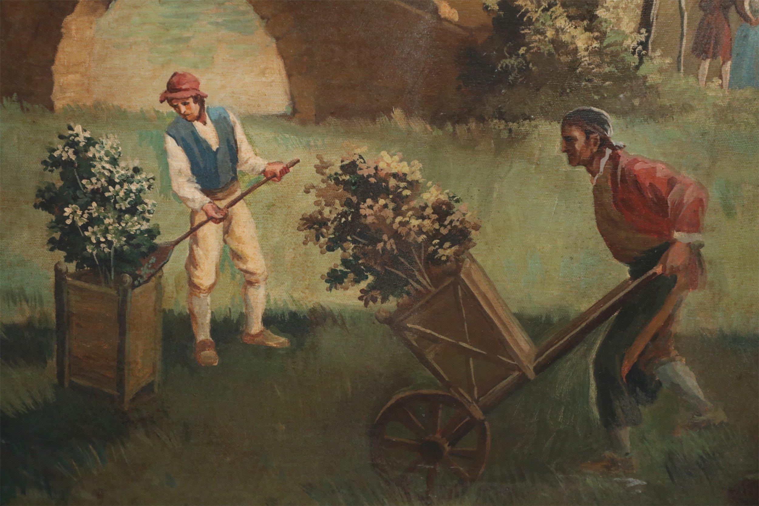 20th Century Gardeners Among the Ruins Oil Painting on Canvas For Sale