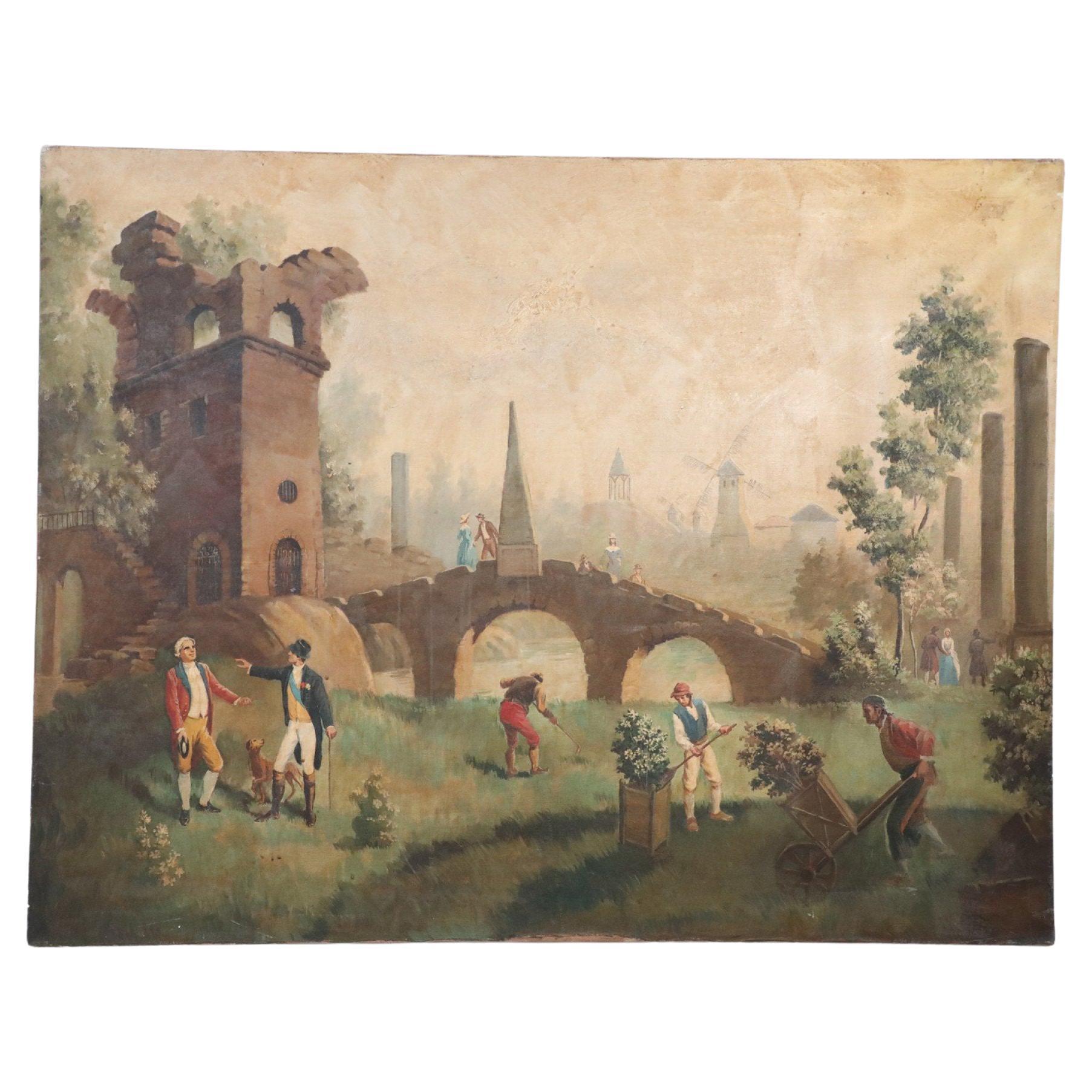 Gardeners Among the Ruins Oil Painting on Canvas For Sale
