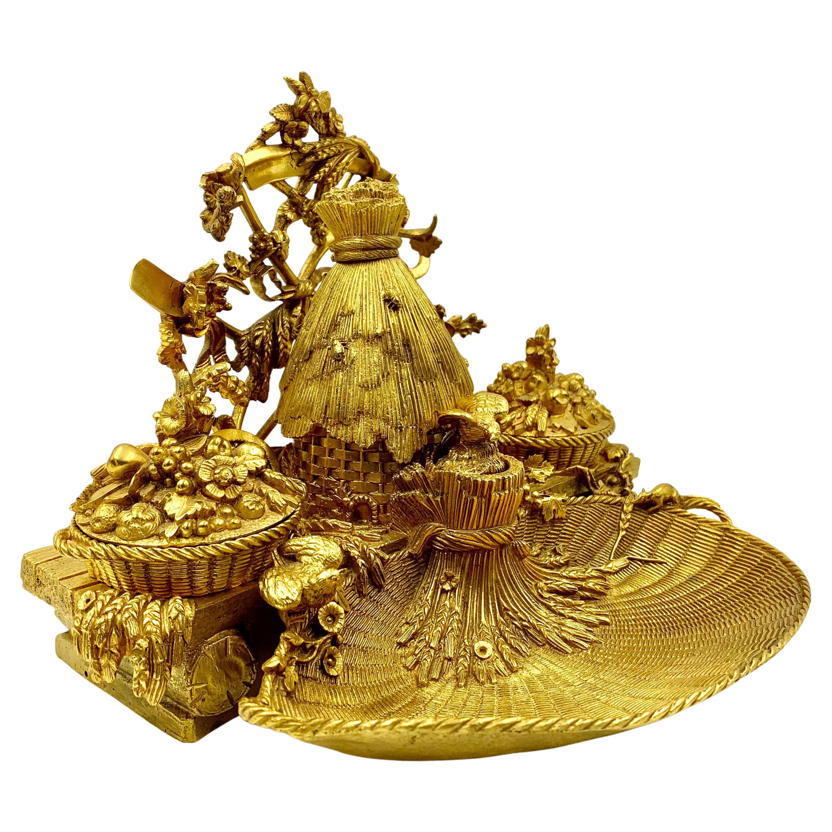 Gardener’s Delight, Antique French Empire Gilt Bronze Beehive Model Encrier For Sale