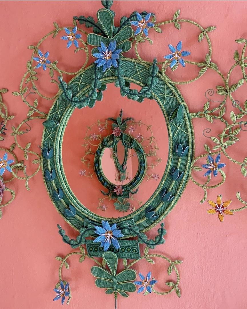 Neoclassical Gardener's Mirror Green and Pink For Sale