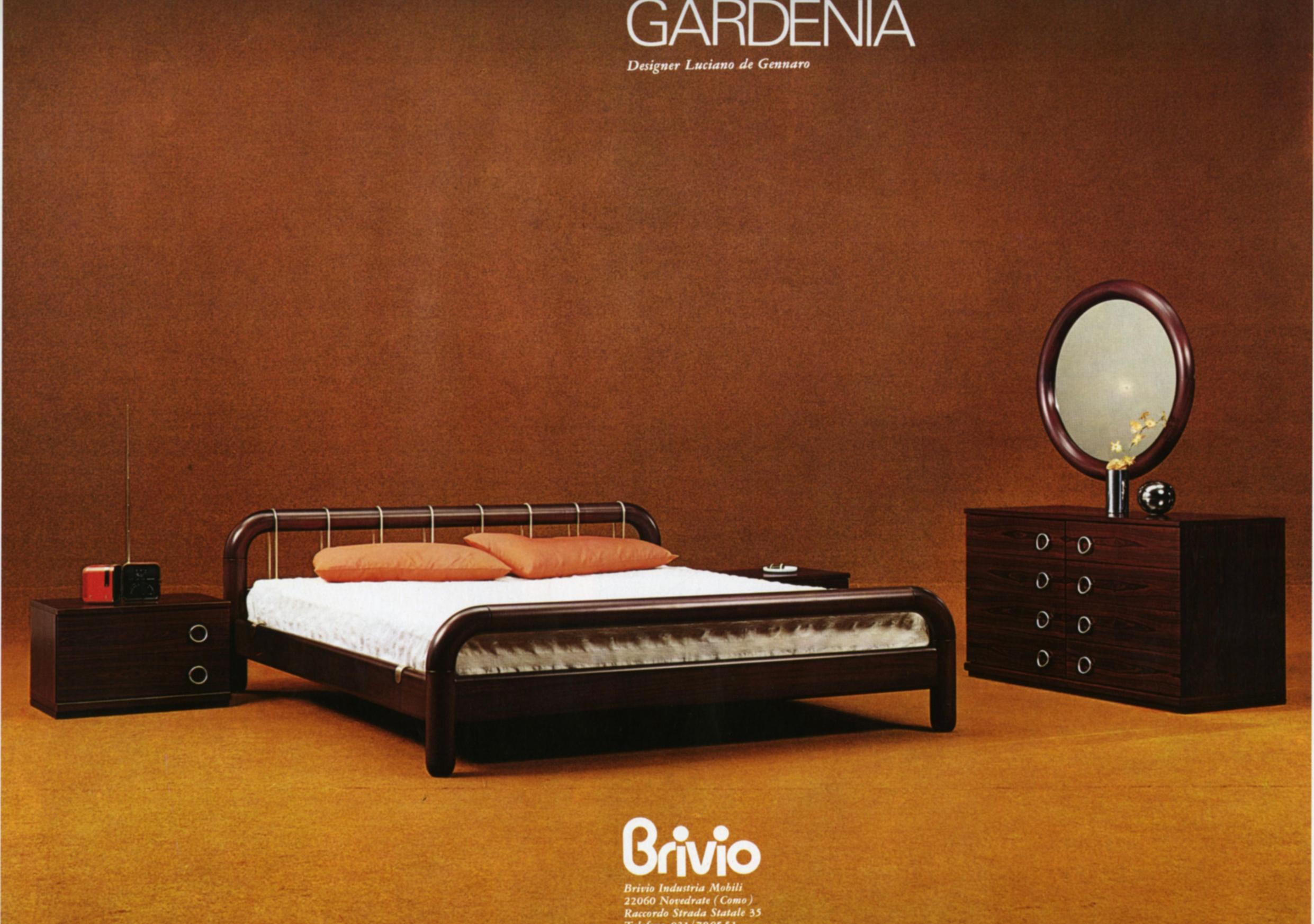 A masterpiece of Italian design from the 1970s, this “Gardenia” double bed was designed in 1977 by Luciano De Gennaro for Brivio Industria Mobili of Novedrate (Como), one of the most quality-conscious and formally researched brands in the postwar