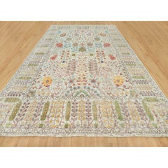 Gardenia Weißer handgeknüpfter orientalischer Teppich aus Seide und Wolle in Vasendesign 11'8" x 15'0" in Weiß