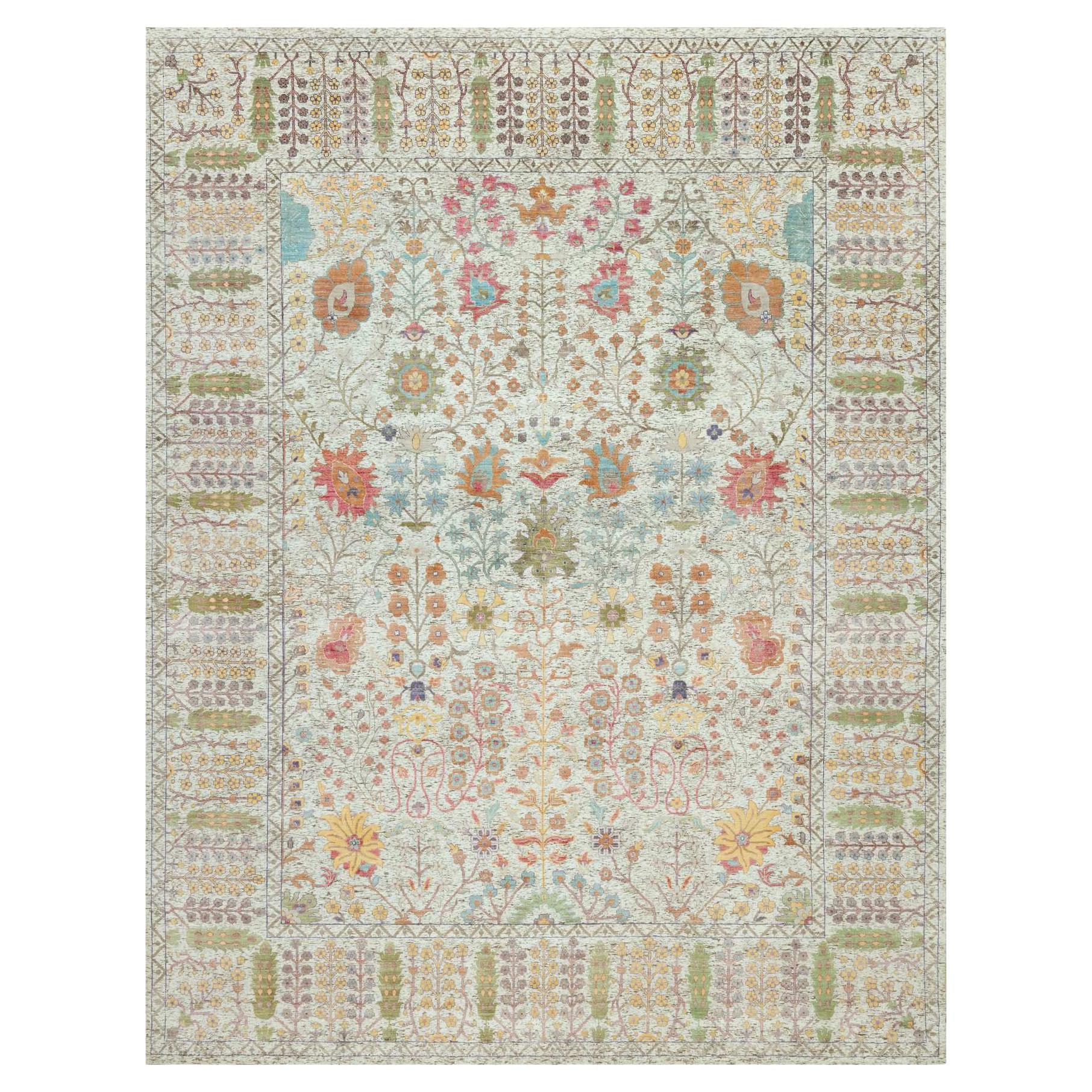 Tapis oriental Gardenia blanc noué à la main, soie et laine 11'8" x 15'0"