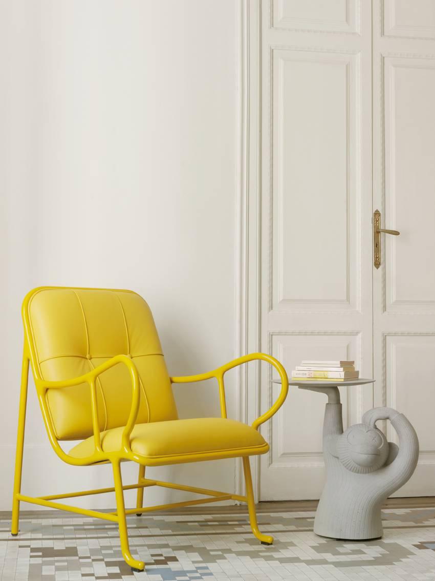 Modern Contemporary armchair, high gloss yellow, leather, by Jaime Hayon 