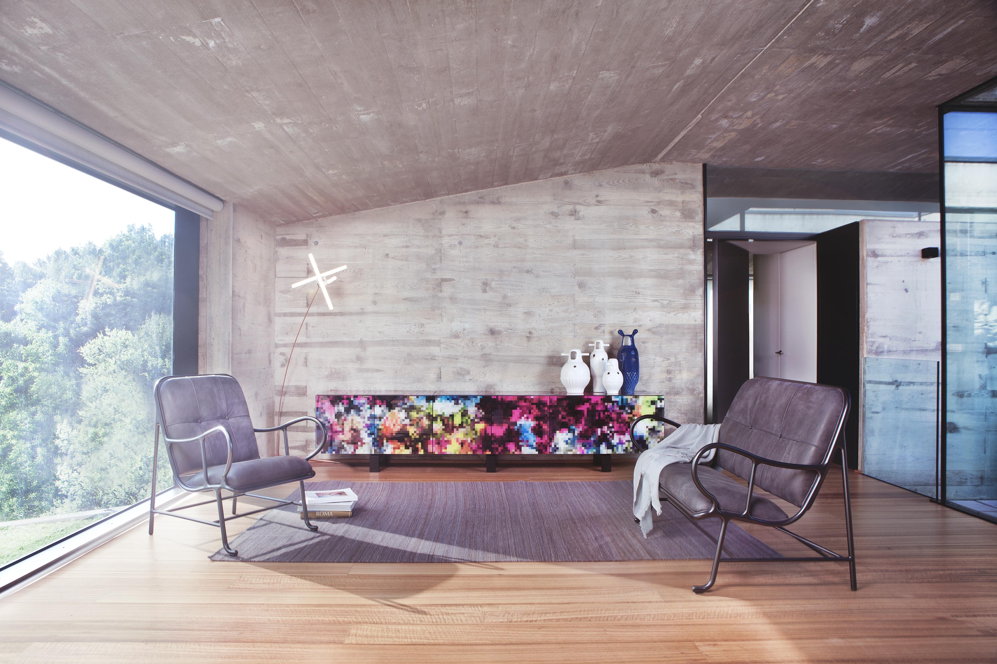Modern Gardenias sofa bench bt Jaime Hayon, grey fabric, steel structure Spanish design For Sale