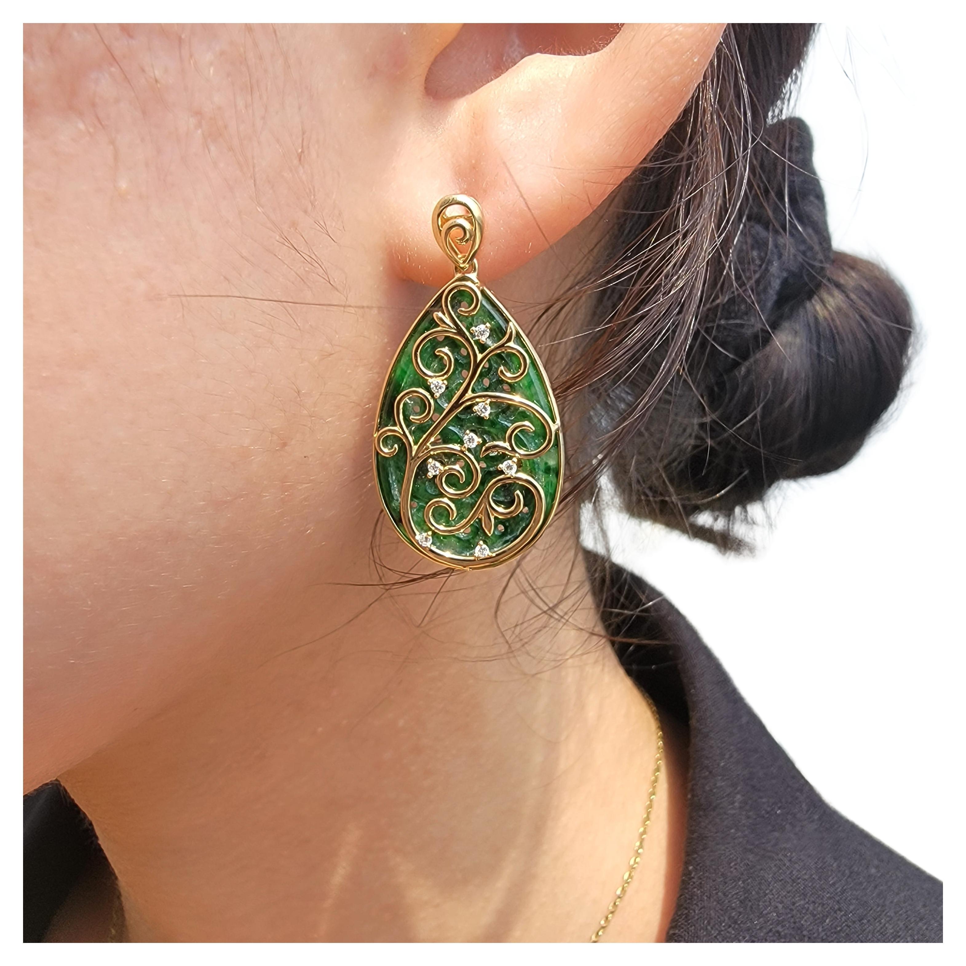 These Earrings are designed by our founder, and hand carved by our expert artisans in our Hong Kong workshop. We use 18K Yellow Gold and top quality Diamonds to bring out the best in the Jade carvings. The luster and sparkle of diamonds, the warmth