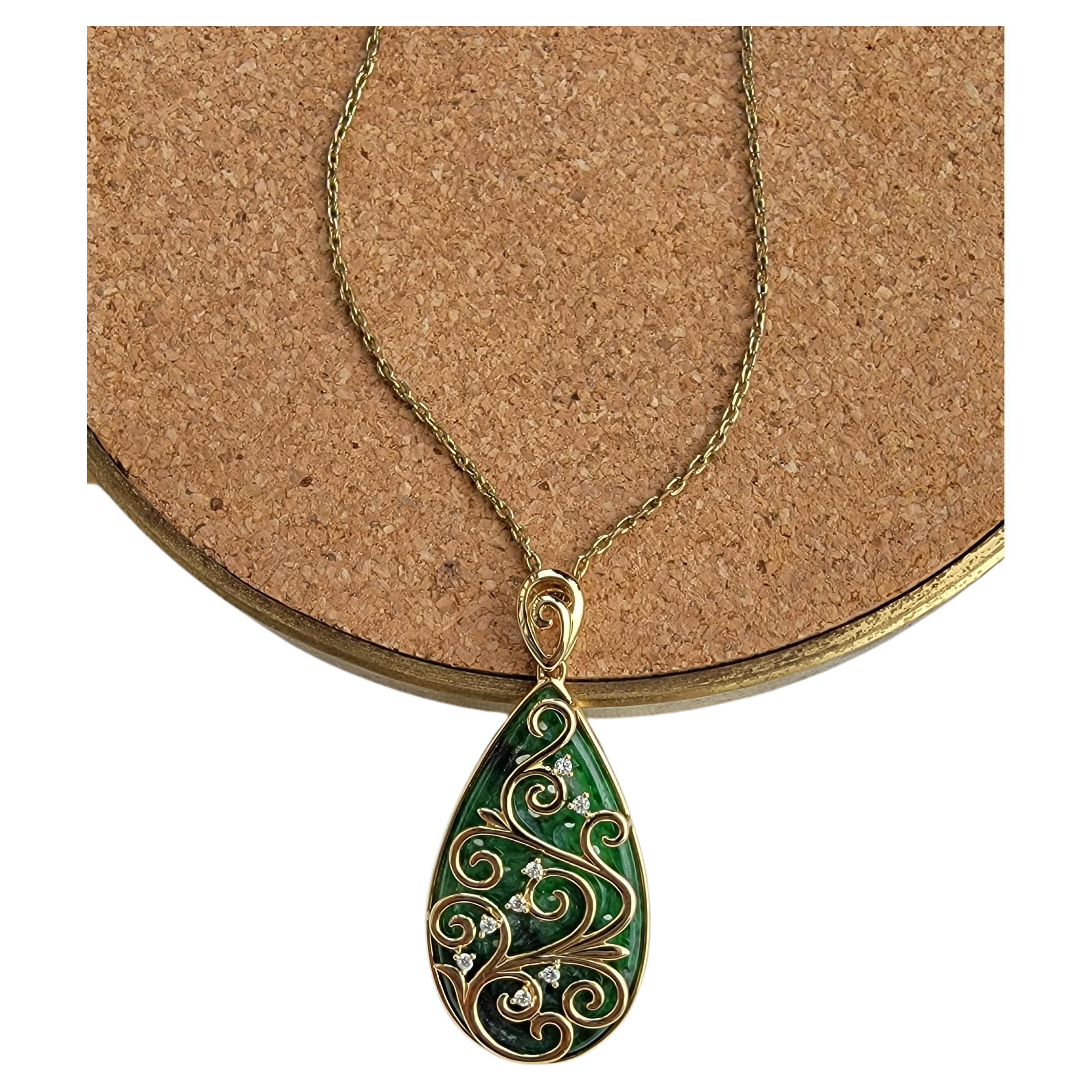 This Pendant was designed by our founder, and hand carved by our expert artisans in our Hong Kong workshop. We use 18K Yellow Gold and top quality Diamonds to bring out the best in the Jade carvings. The luster and sparkle of diamonds, the warmth of