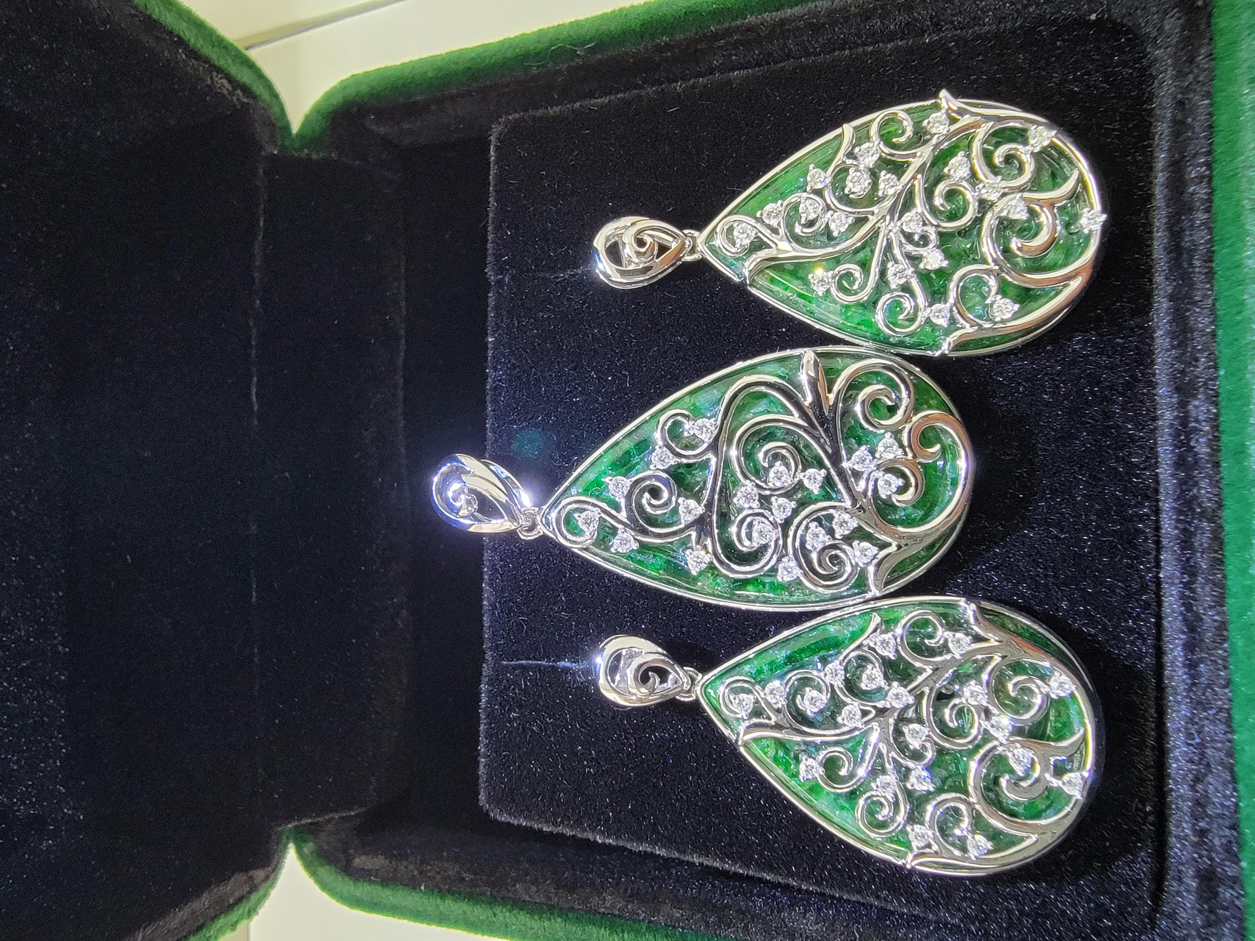 Gardens of Eden Earring/Pendant Set (Cert A-Jadeite, 18K White Gold, Diamonds) For Sale 7