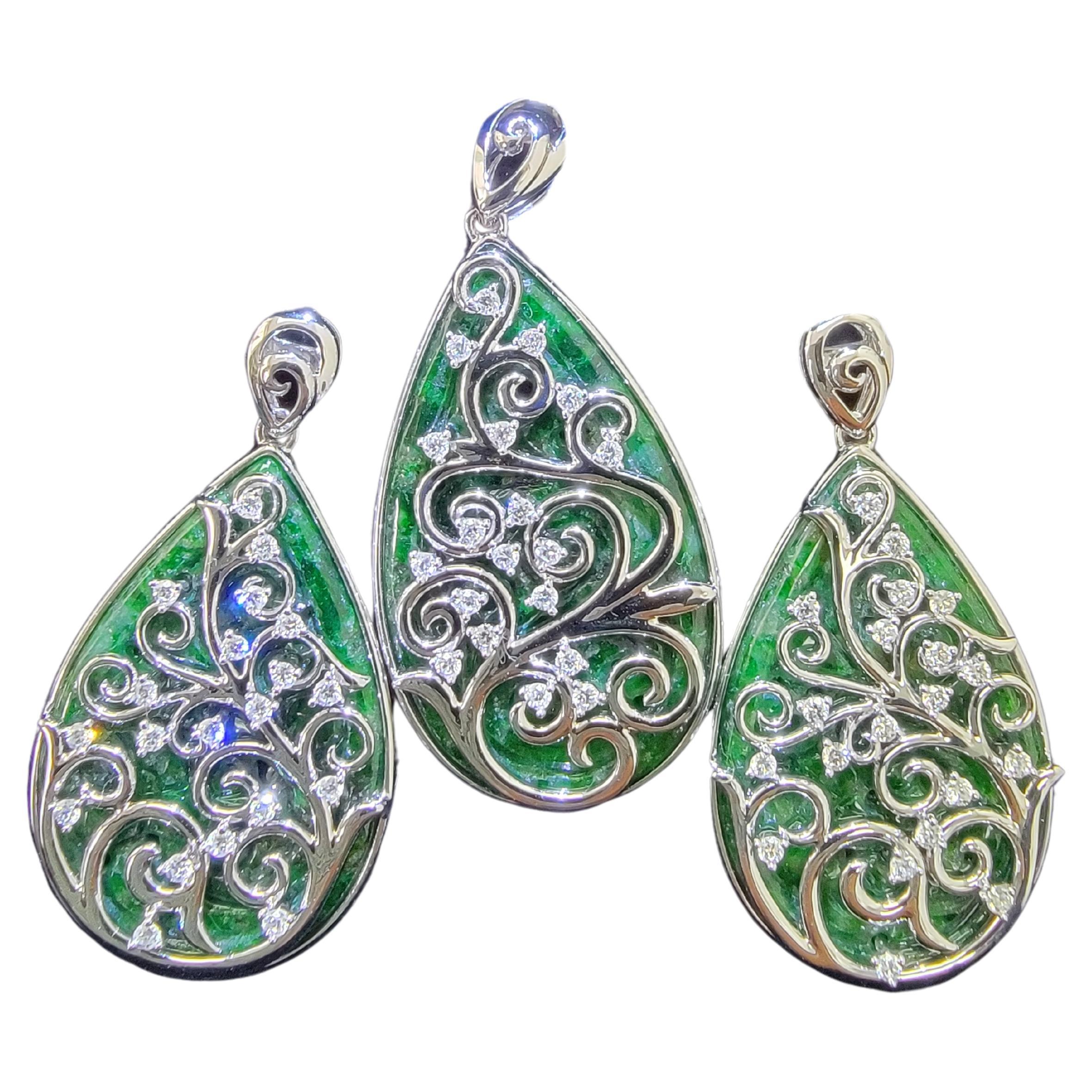 Gardens of Eden Earring/Pendant Set (Cert A-Jadeite, 18K White Gold, Diamonds) For Sale