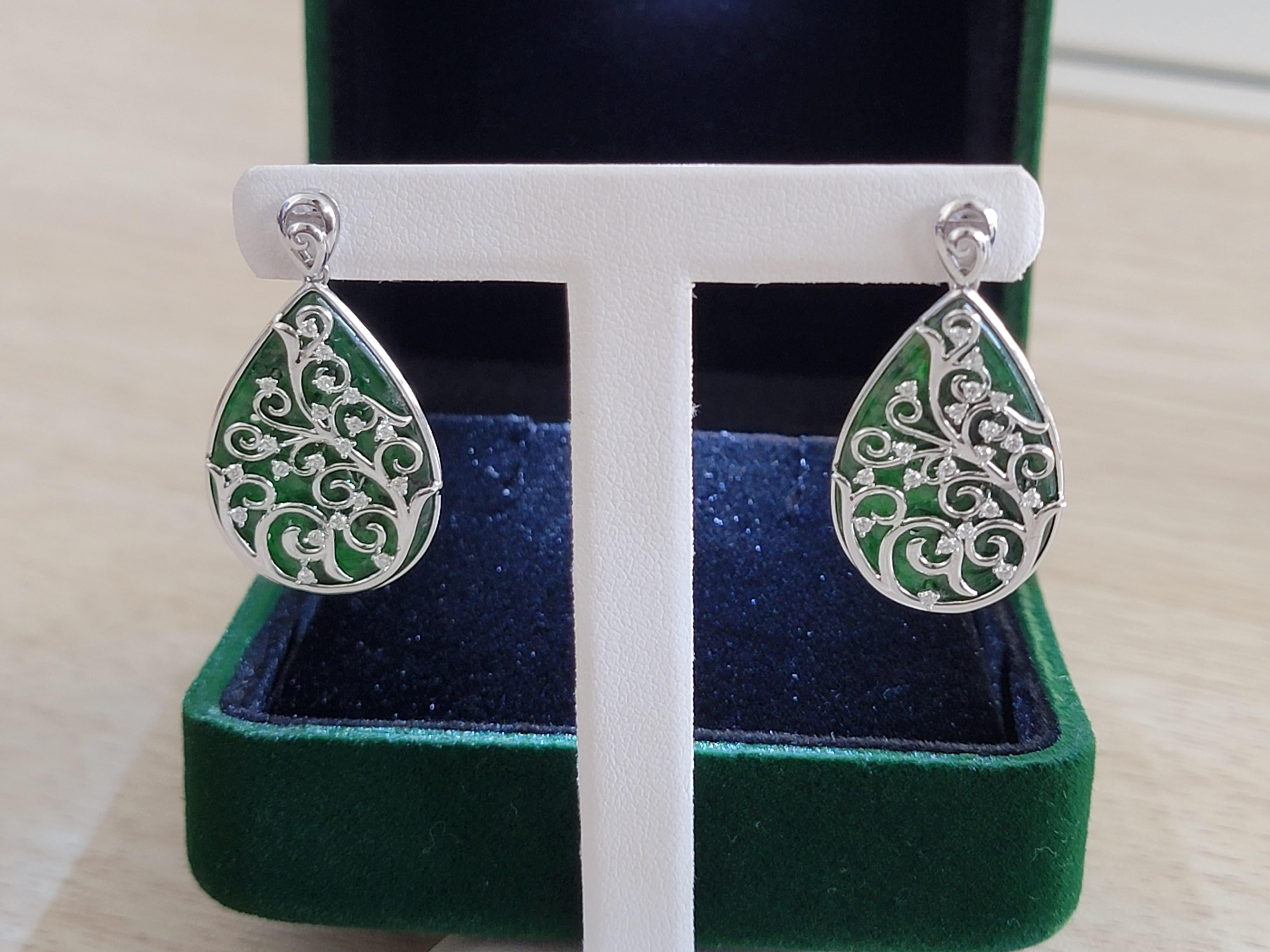 Gardens of Eden Earrings Certified Burmese A-Jadeite, 18K White Gold, Diamonds For Sale 6