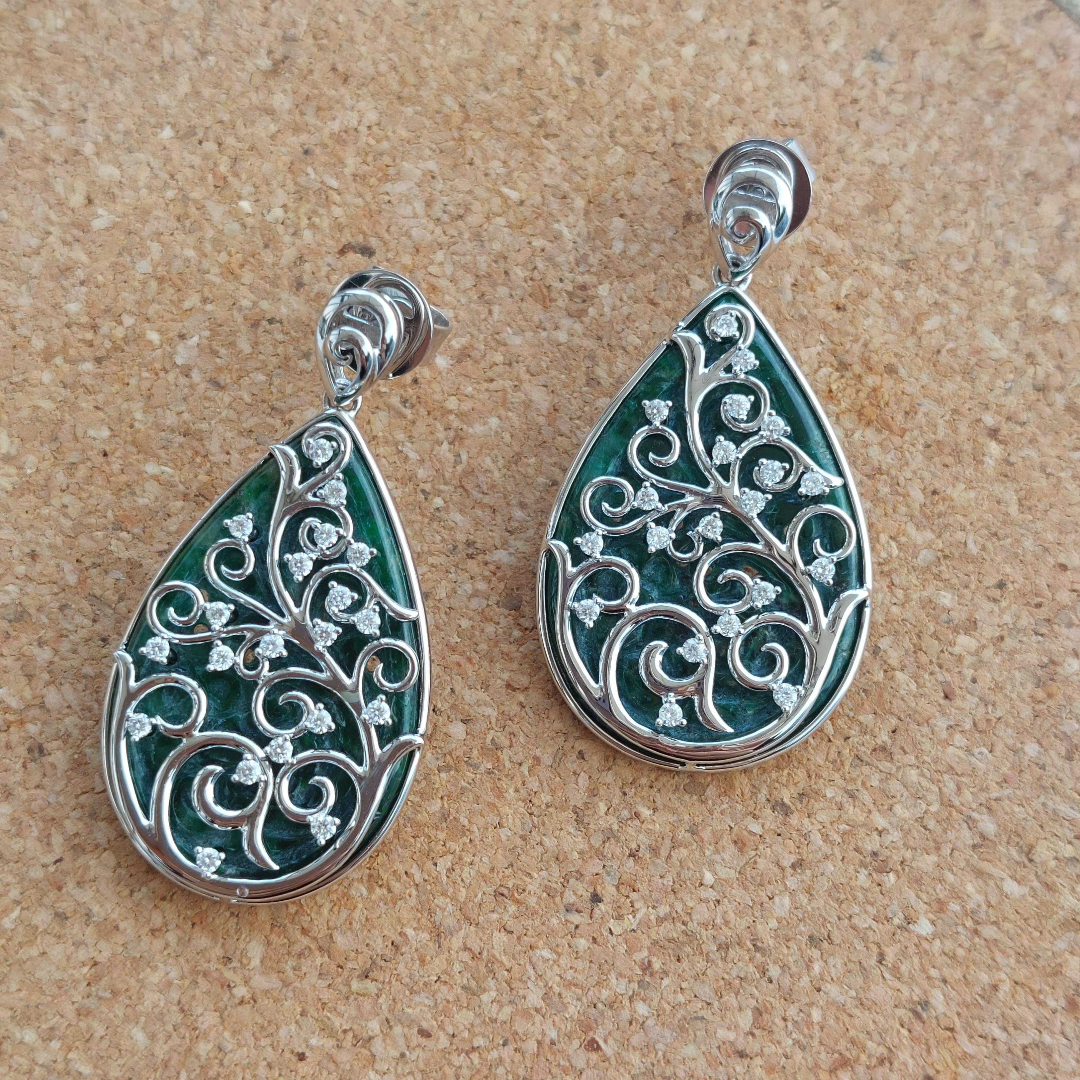 Gardens of Eden Earrings Certified Burmese A-Jadeite, 18K White Gold, Diamonds For Sale 8