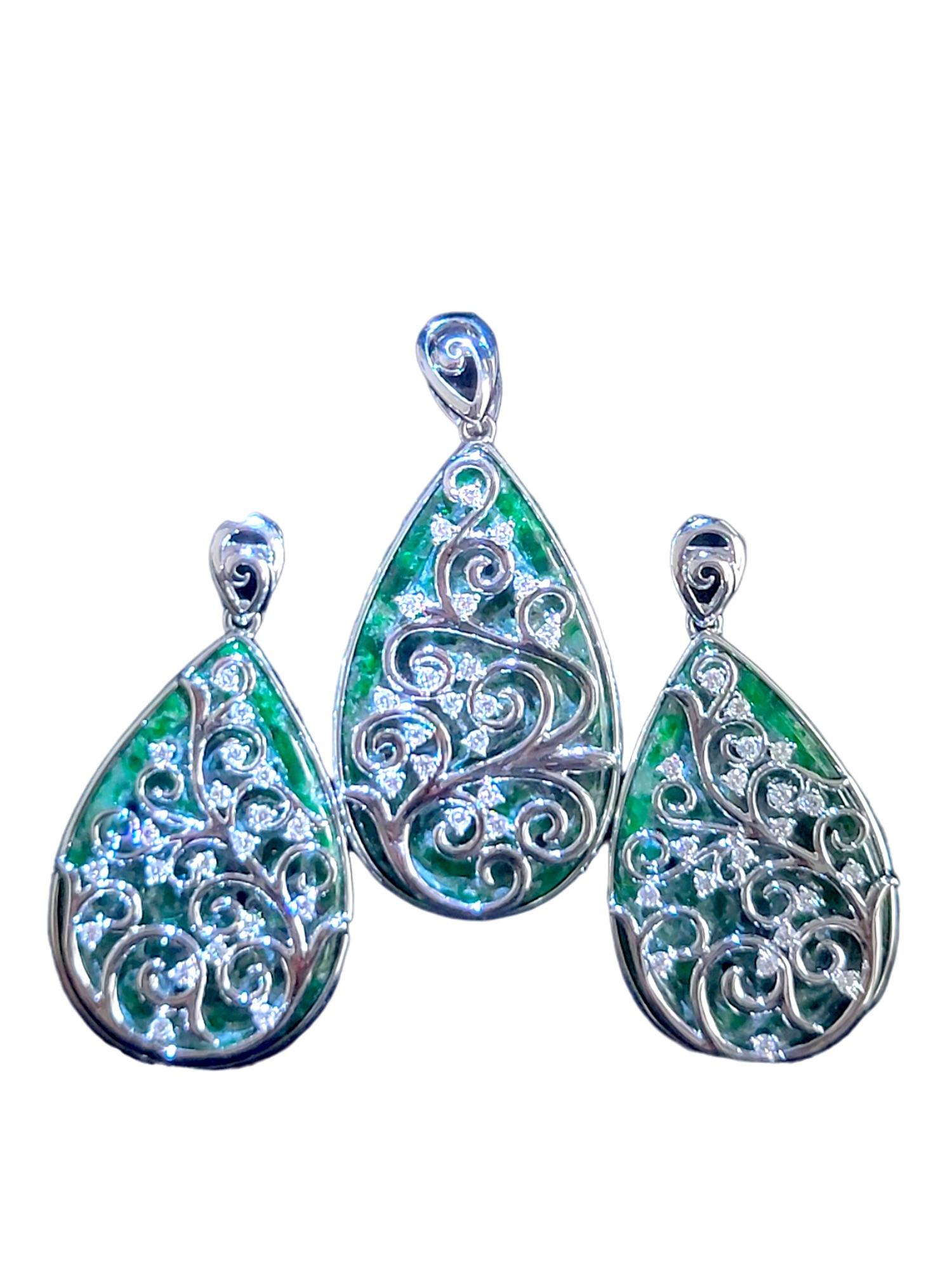 Gardens of Eden Earrings Certified Burmese A-Jadeite, 18K White Gold, Diamonds For Sale 13
