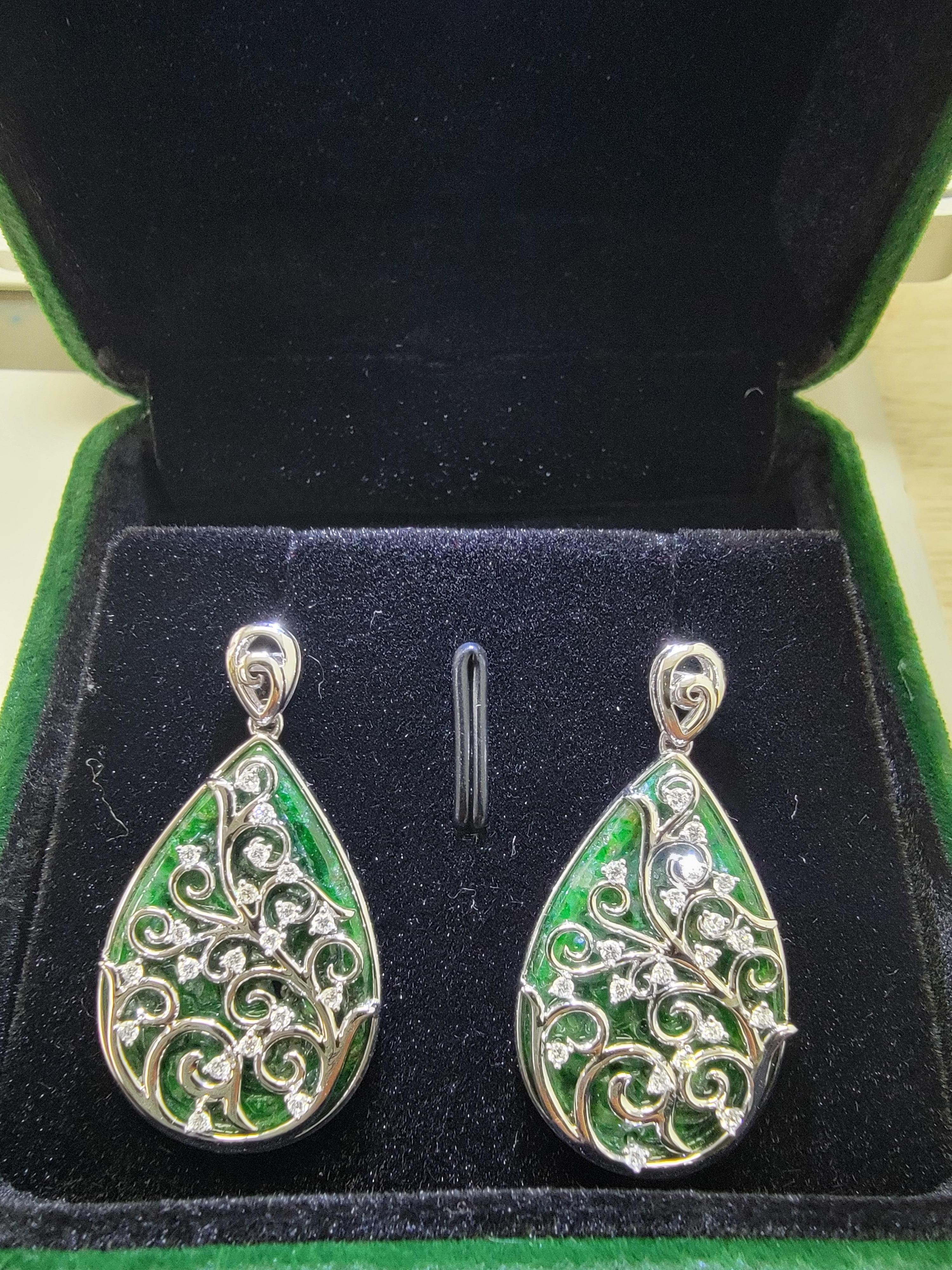 Women's or Men's Gardens of Eden Earrings Certified Burmese A-Jadeite, 18K White Gold, Diamonds For Sale