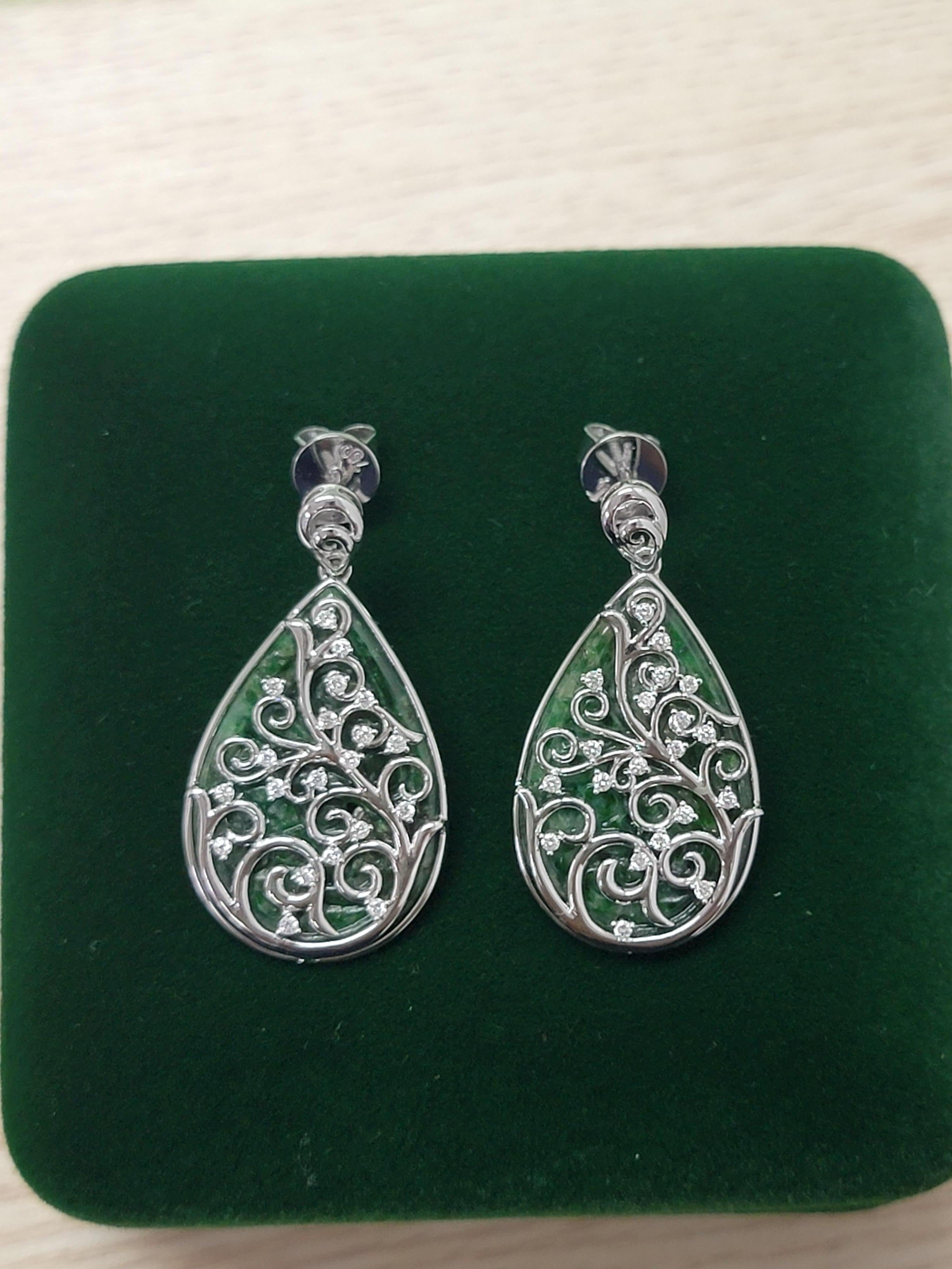 Gardens of Eden Earrings Certified Burmese A-Jadeite, 18K White Gold, Diamonds For Sale 1