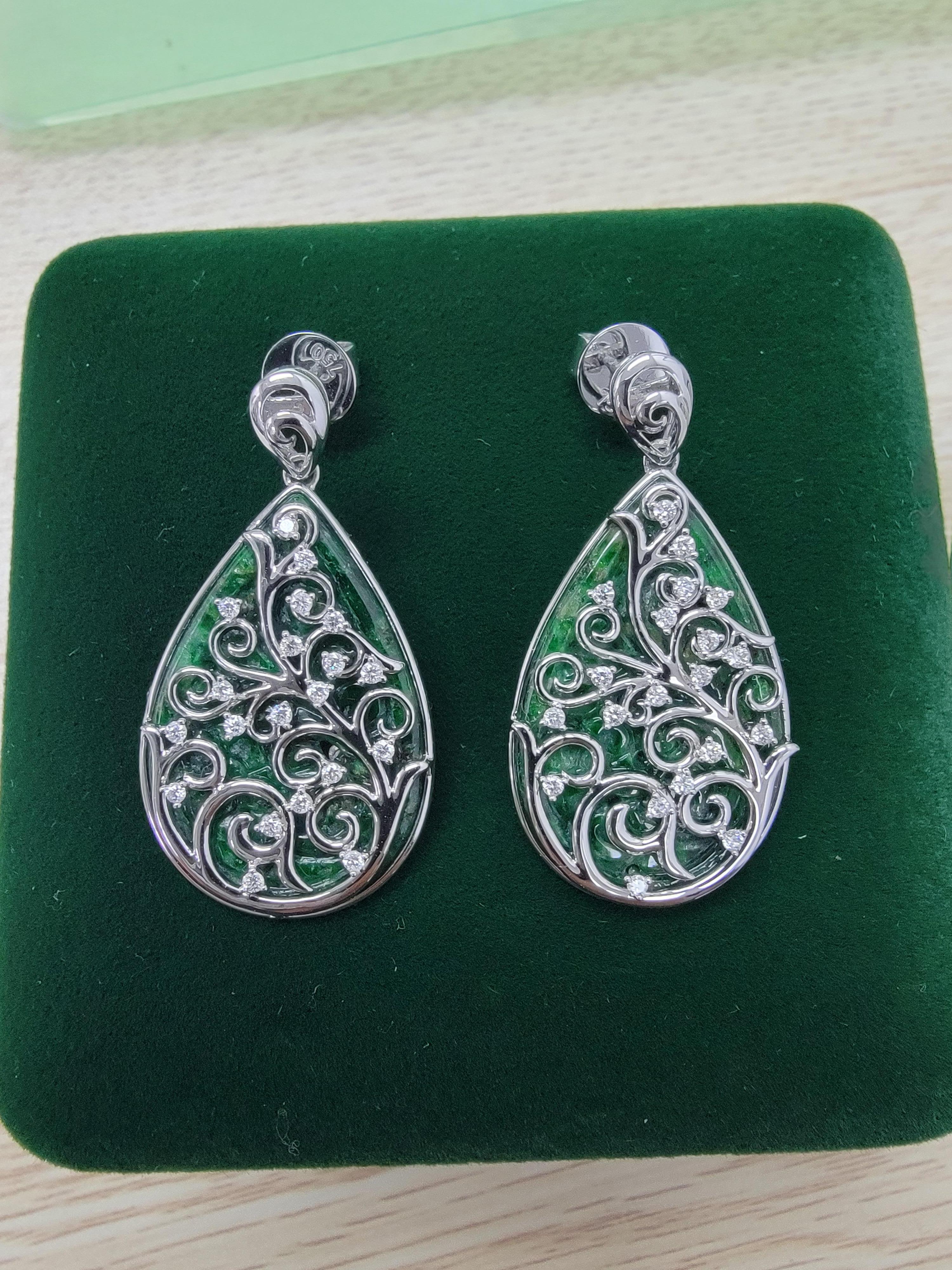 Gardens of Eden Earrings Certified Burmese A-Jadeite, 18K White Gold, Diamonds For Sale 2