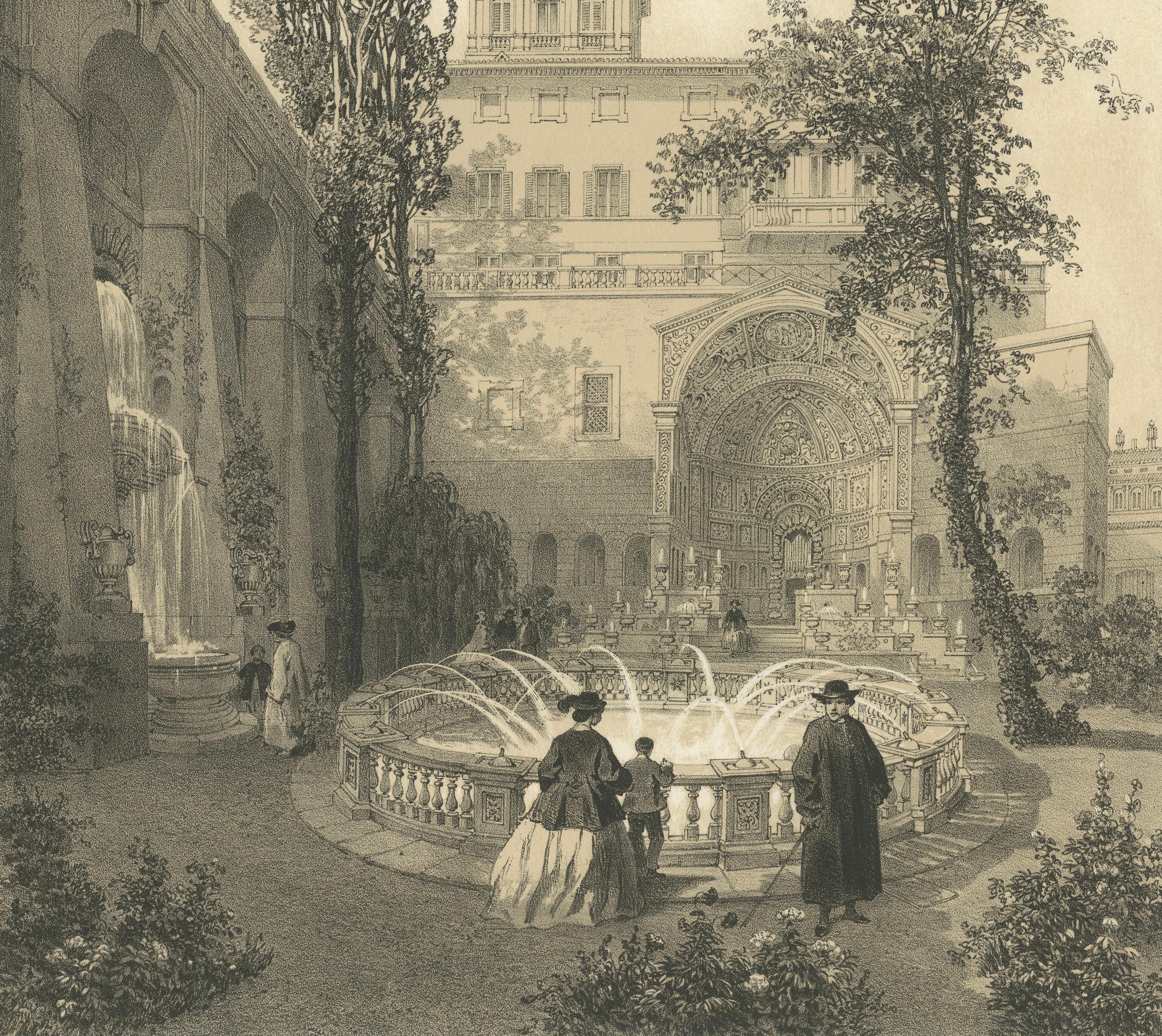 Gardens of the Quirinal Palace, Rome – Elegant Fountain Scene, 1868