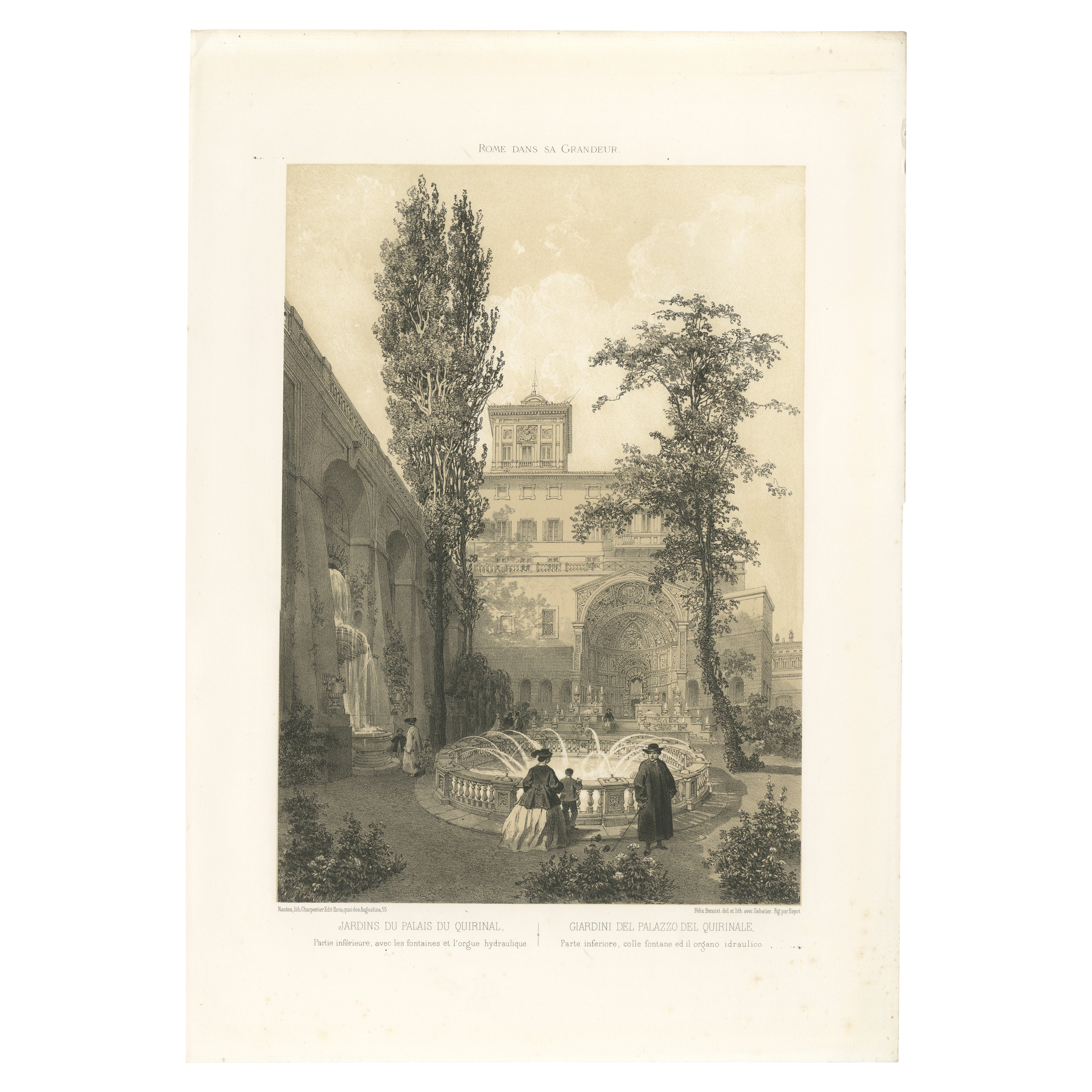 Jardines del Palacio del Quirinal, Roma - Elegante escena de fuente, 1868 en venta