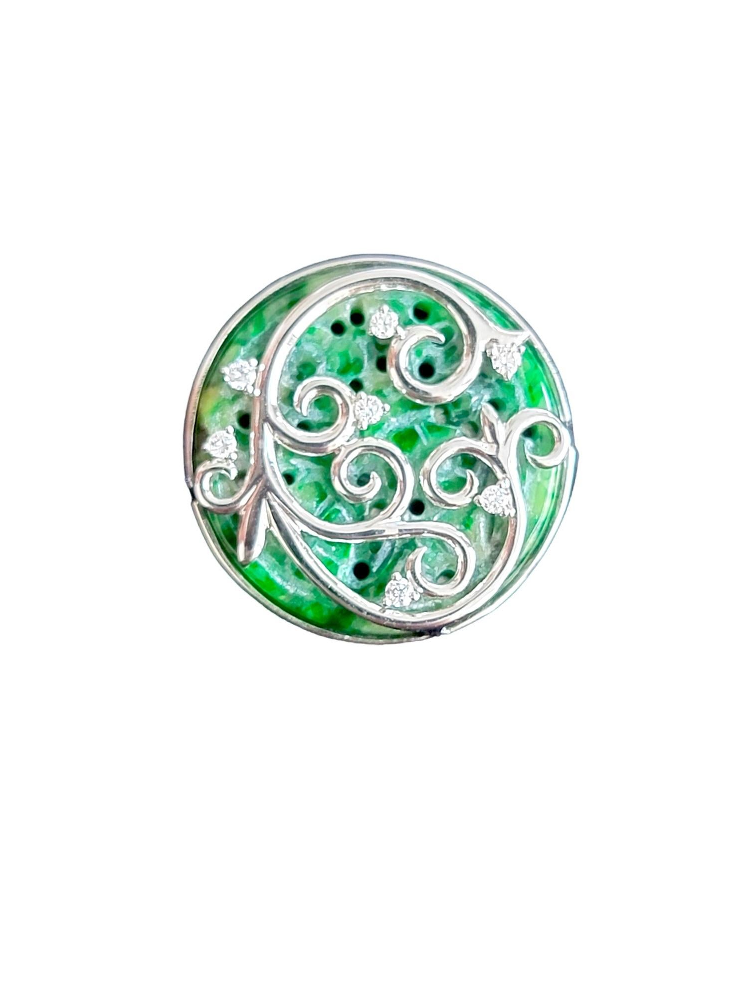 Jade Laboratory Certified Handmade Brooch with Untreated 100% Natural Burmese A-Jade, 18K White Gold, and White Round Brilliant Diamonds. This piece is completely made in Hong Kong.

Wears perfectly on a suit, cocktail dress, or any clothing item