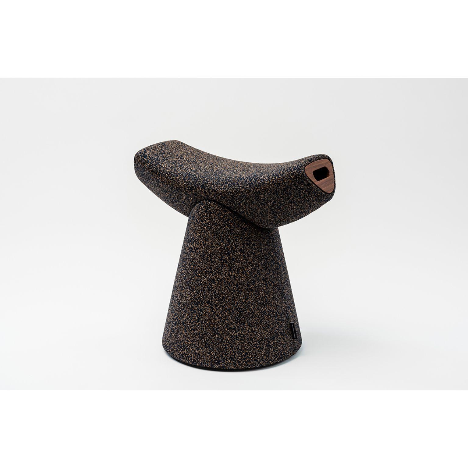 Gardian stool with handle by Patrick Norguet
Materials: Fabric (also available in leather)
 Handle: Noce Canaletto solid wood
Dimensions: W51.1 x D34.7 x H49.8 cm

For the Gardian stool by designer Patrick Norguet, the concept of seating was