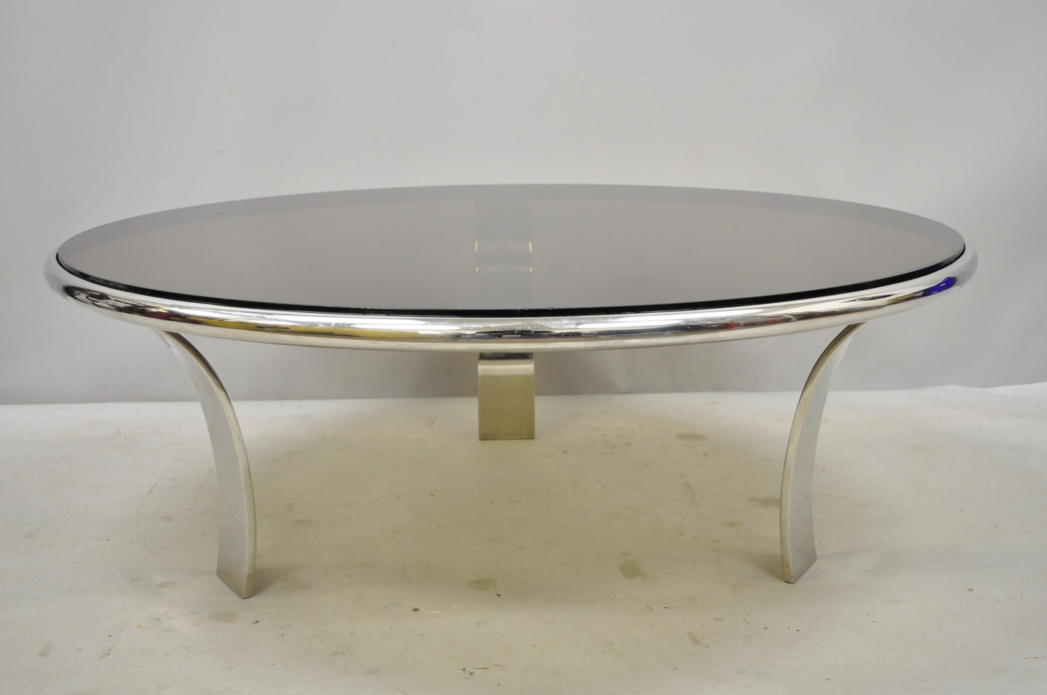 Gardner Leaver for Steelcase Chrome Steel Round Smoked Glass Coffee Table For Sale 2