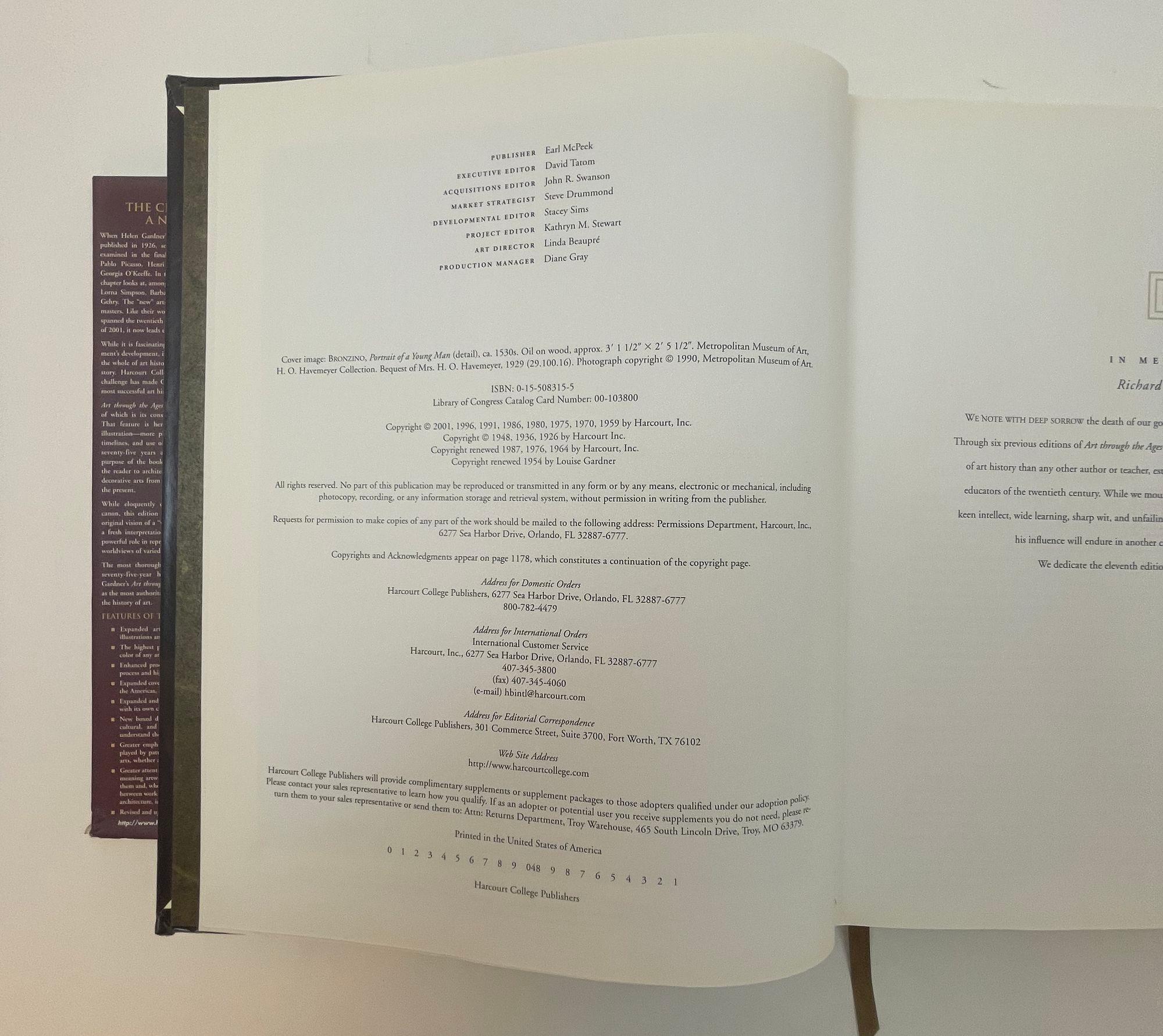 Paper Gardner's Art through the Ages Hardcover Book For Sale