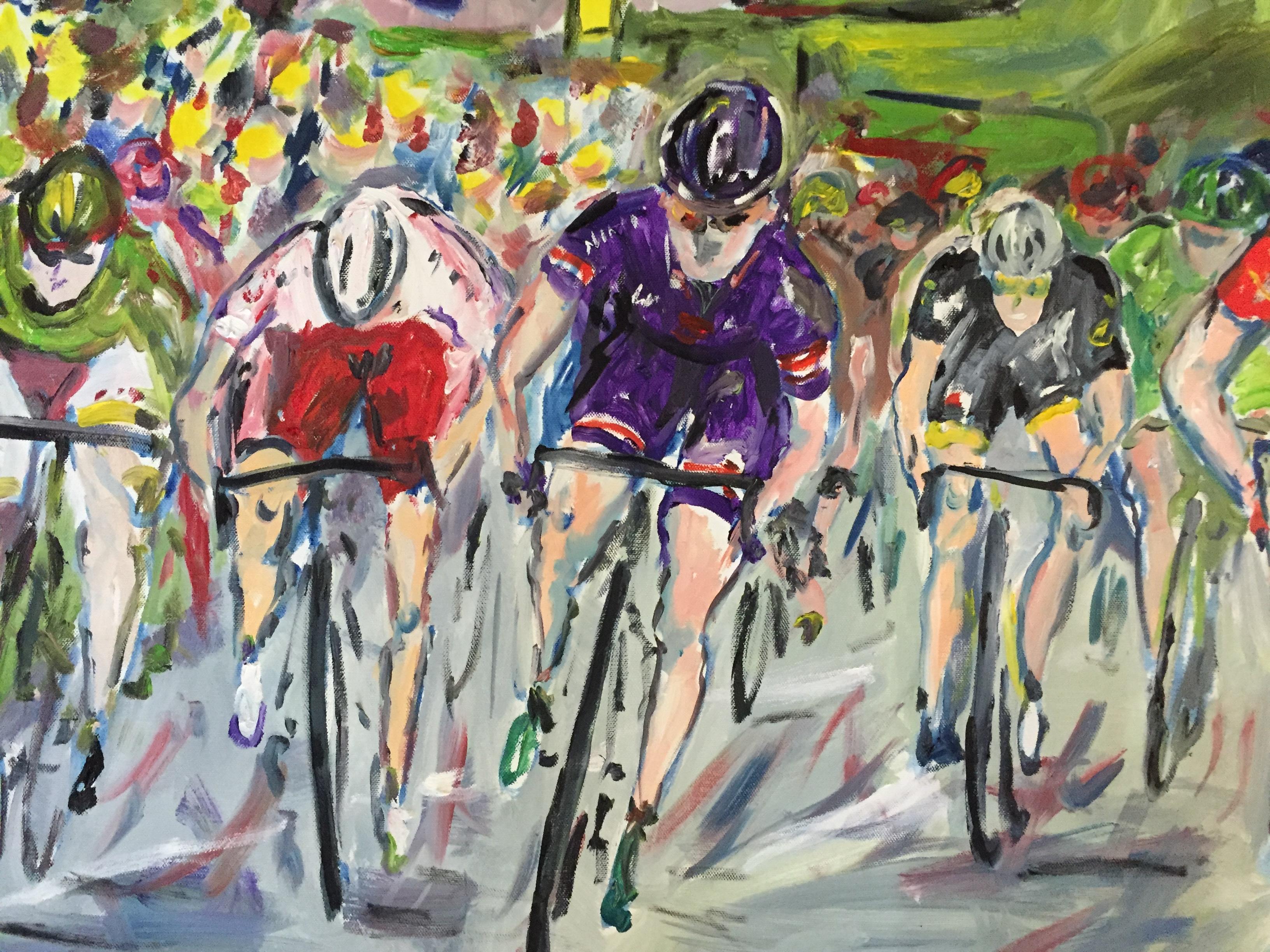 The Final Sprint - Tour de France Stage 15 2015, bicycle art, affordable art - Contemporary Painting by Gareth Bayley