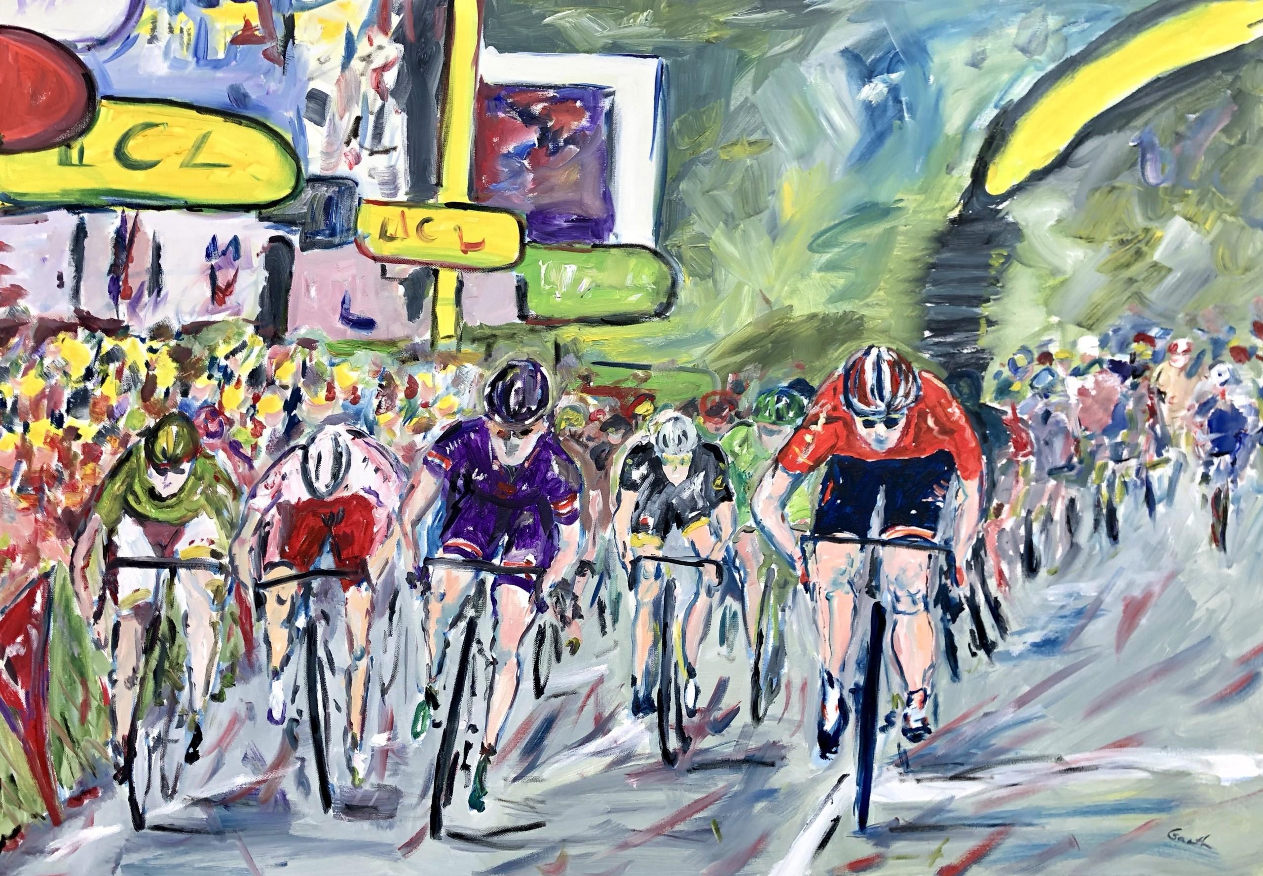 Gareth Bayley Abstract Painting - The Final Sprint - Tour de France Stage 15 2015, bicycle art, affordable art