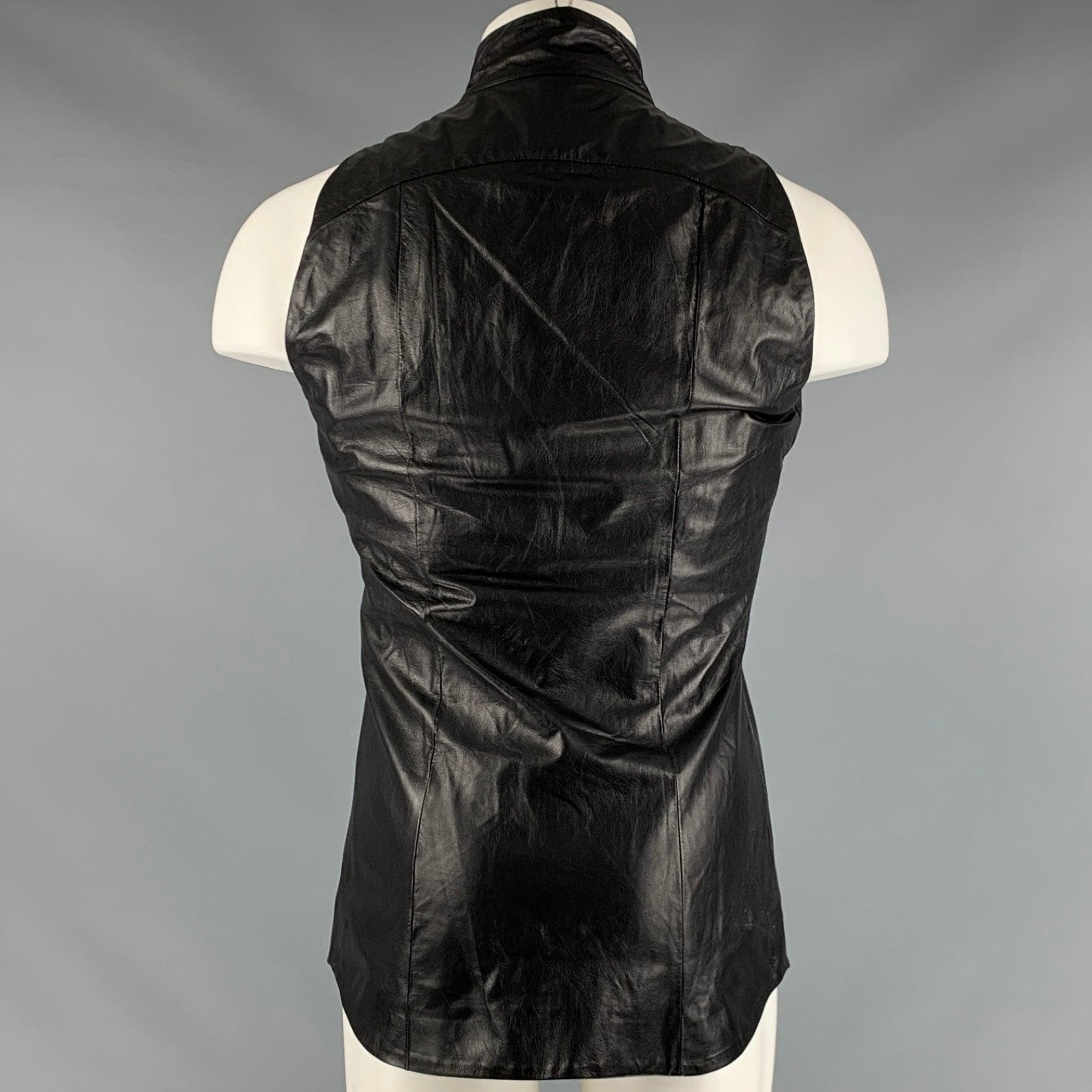 GARETH PUGH Size 36 Black Leather Sleeveless Short Sleeve Shirt In Good Condition For Sale In San Francisco, CA