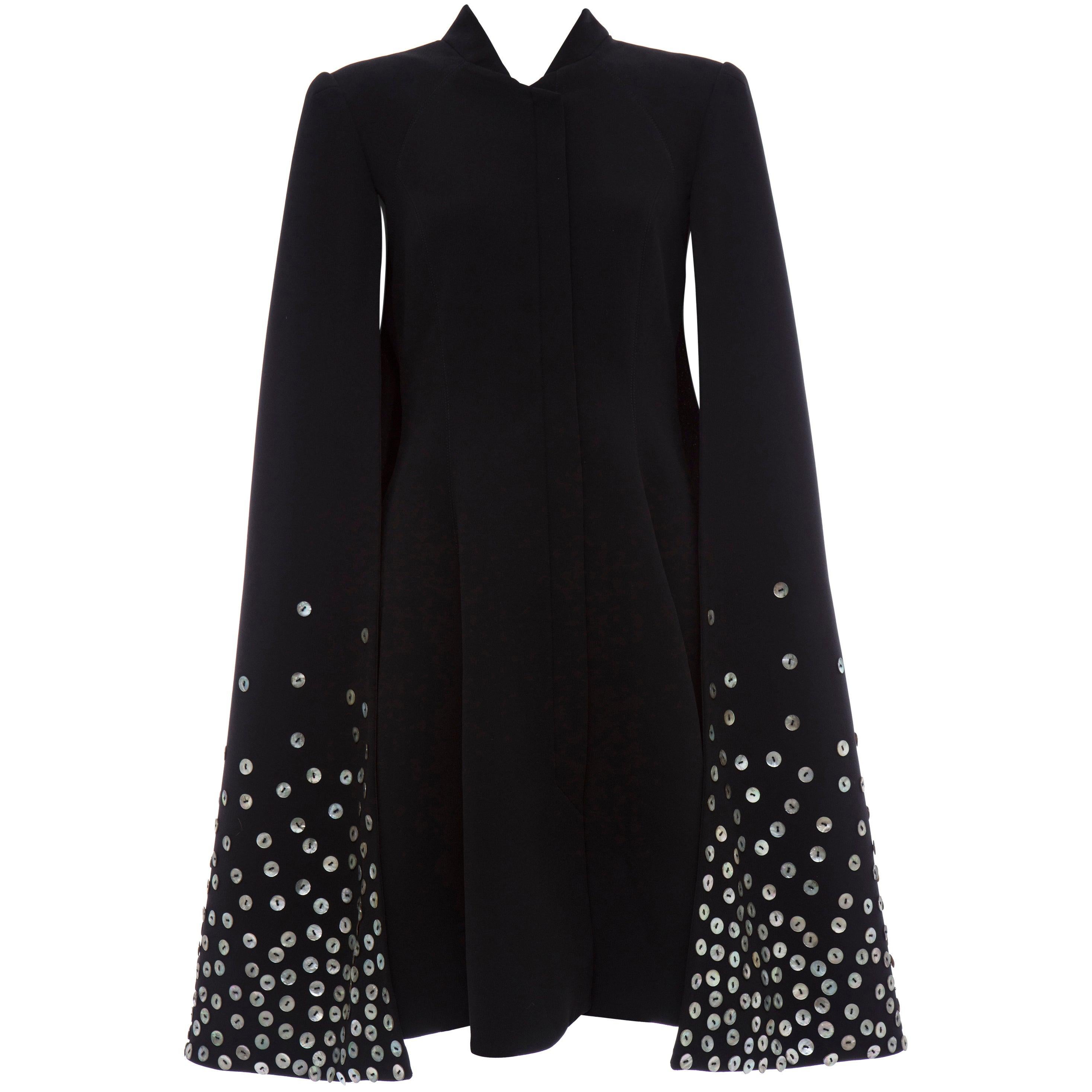 Gareth Pugh Zip Front Black Dress With Mother of Pearl Cape, Spring 2015 For Sale