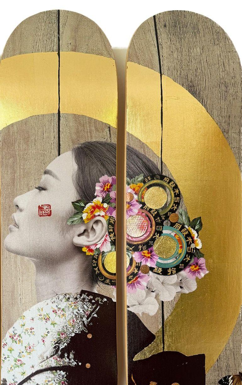 Patience Nouvelle Rose avec Colibri' Skate Deck Trio - Contemporain Mixed Media Art par Gareth Tristan Evans