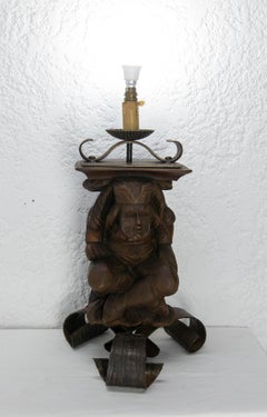 Gargoyle Table Lamp by J M Rothschild Wood & Wrough Iron, French, circa 1960