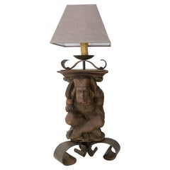Gargoyle Table Lamp by J M Rothschild Wood & Wrough Iron, French, circa 1960