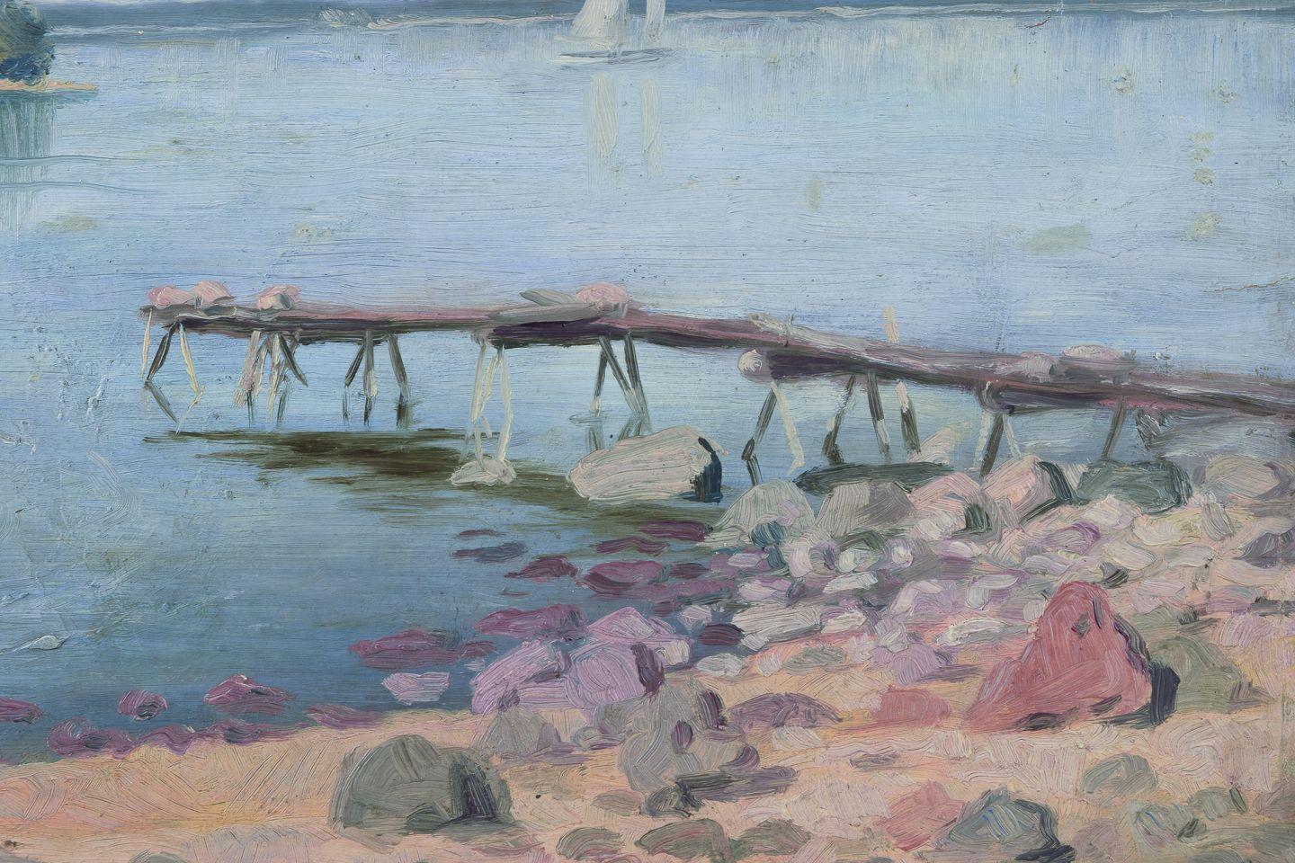 Garibaldi Lindberg, eingetragener schwedischer Künstler. Öl auf Leinwand. Szene am See. (Schwedisch) im Angebot