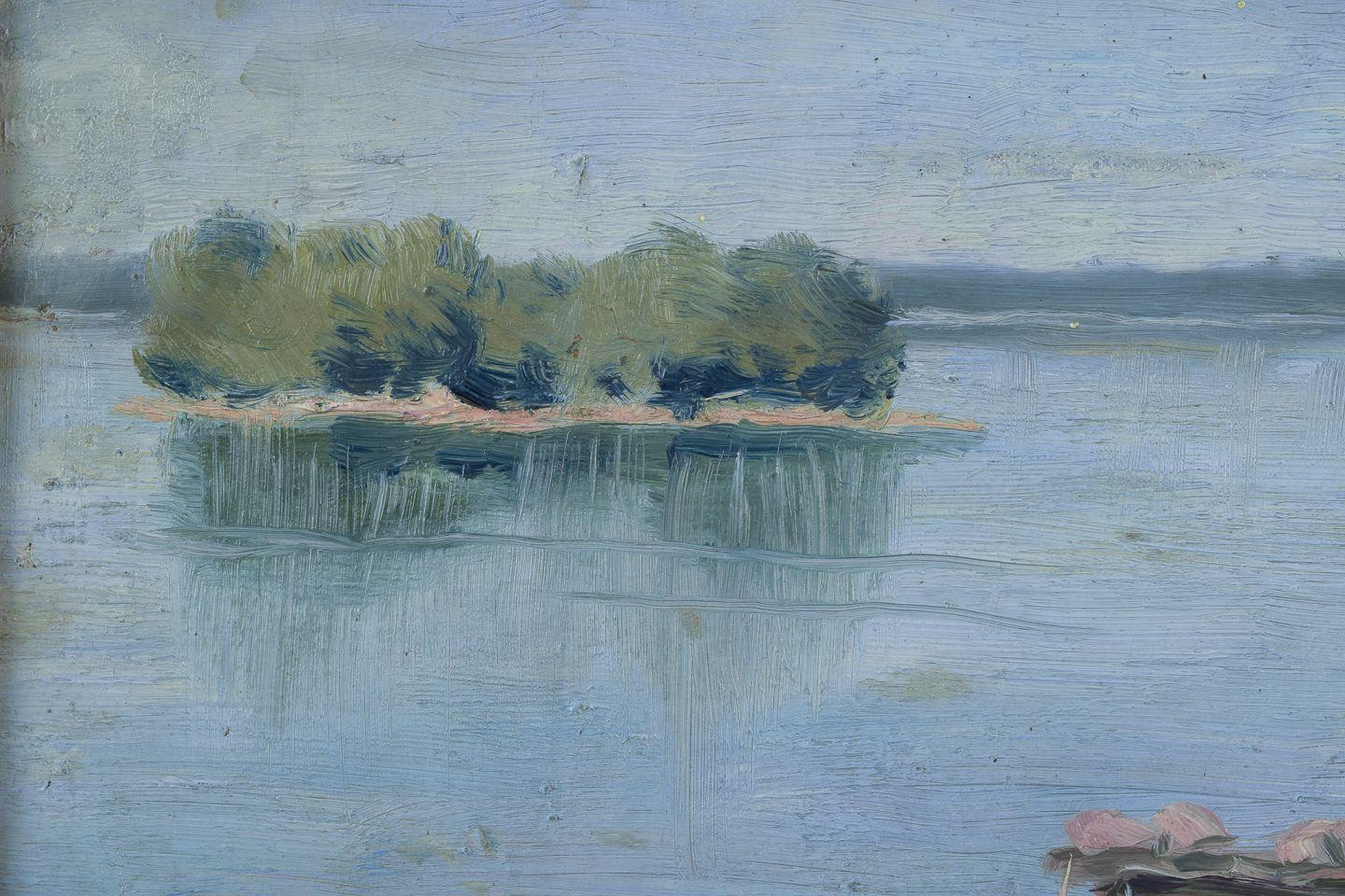 Garibaldi Lindberg, eingetragener schwedischer Künstler. Öl auf Leinwand. Szene am See. im Angebot 2